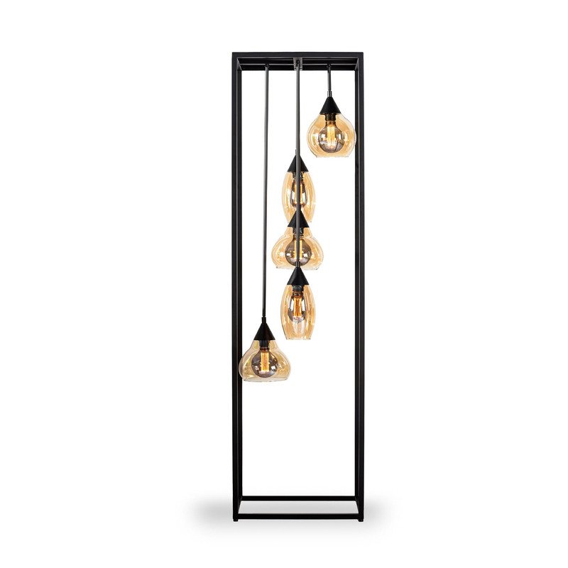 Vloerlamp Lungo frame, amber glas5-lichts 