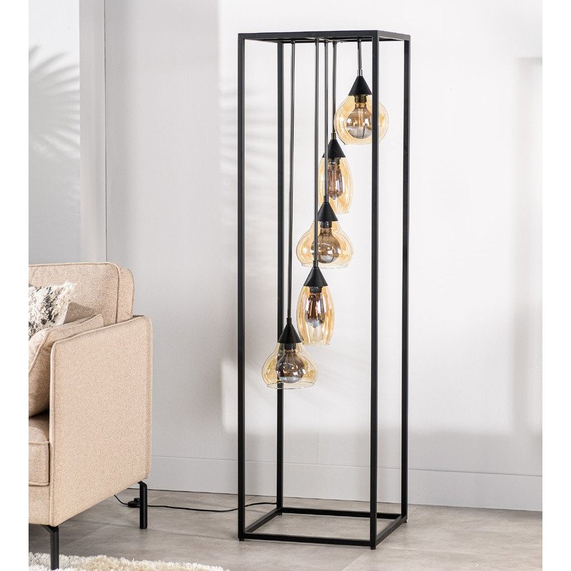 Vloerlamp Lungo frame, amber glas5-lichts 