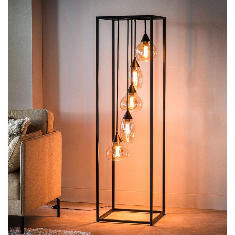 Vloerlamp Lungo frame, amber glas5-lichts 