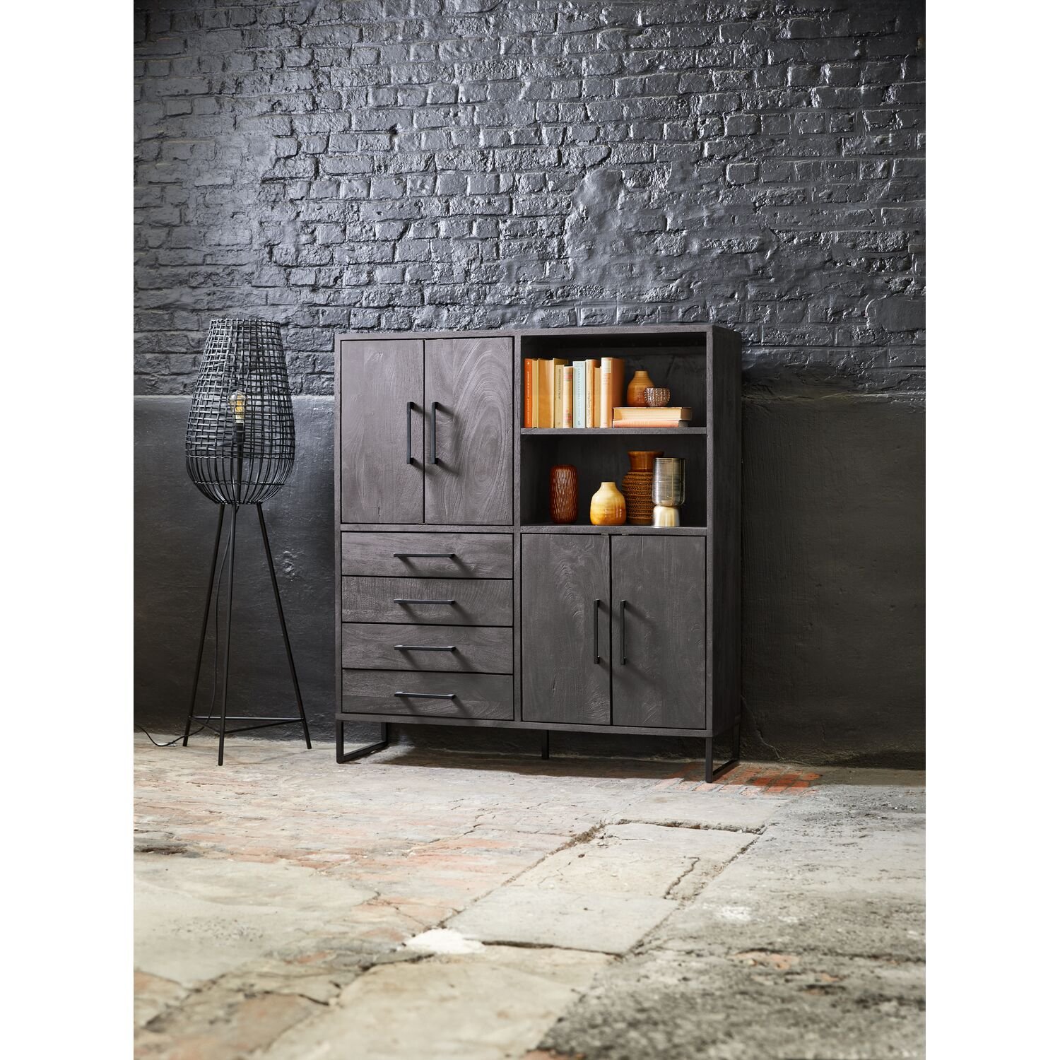 Opbergkast Piastra zwart mangohout  140 x 126 x 40 cm