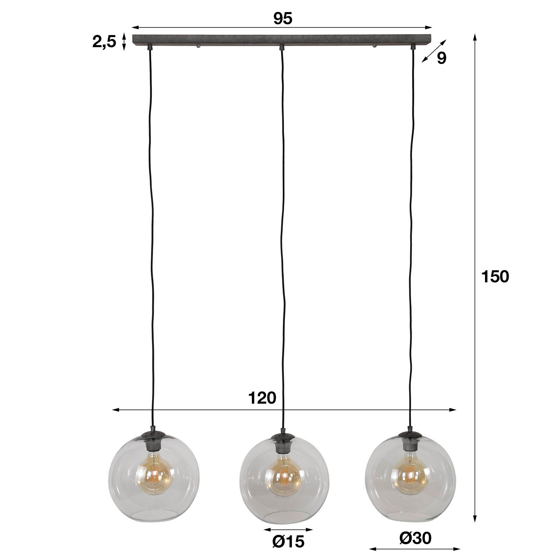 Hanglamp Sphere 3L Ø30 glas