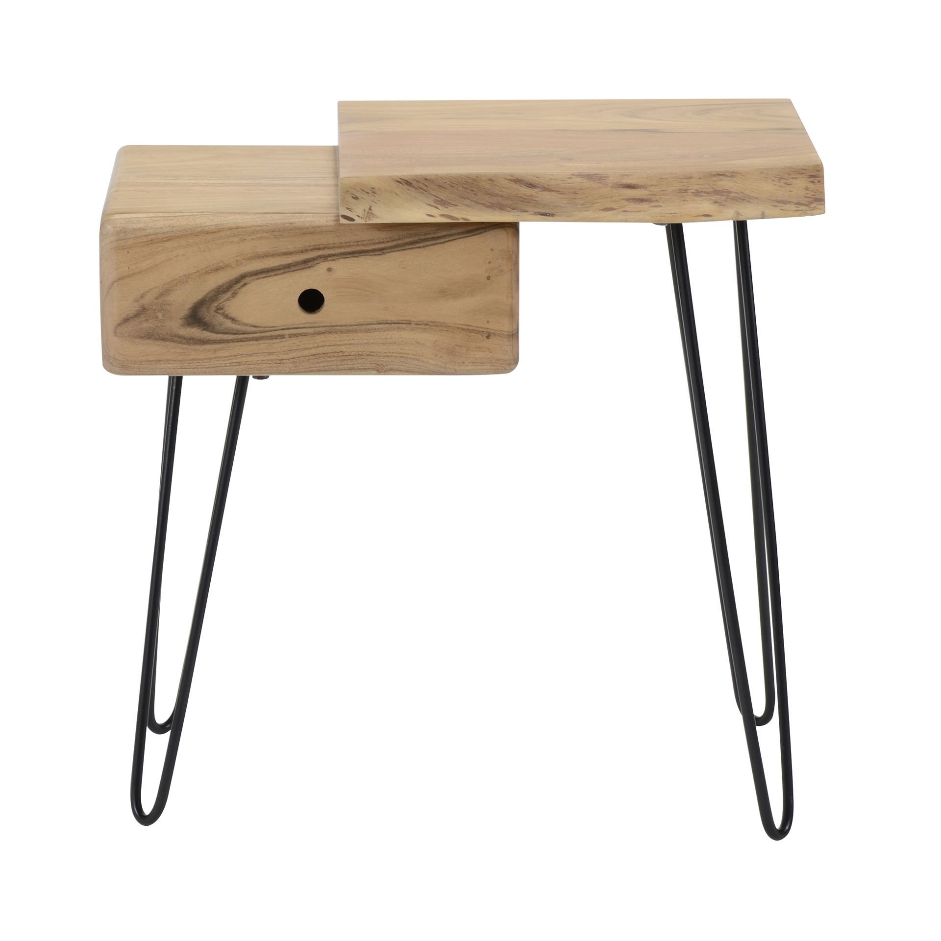 Side table/ nachtkastje edge rechts. Het ladeblok zit links en het plateau bevindt zich rechts. / Massief acacia naturel