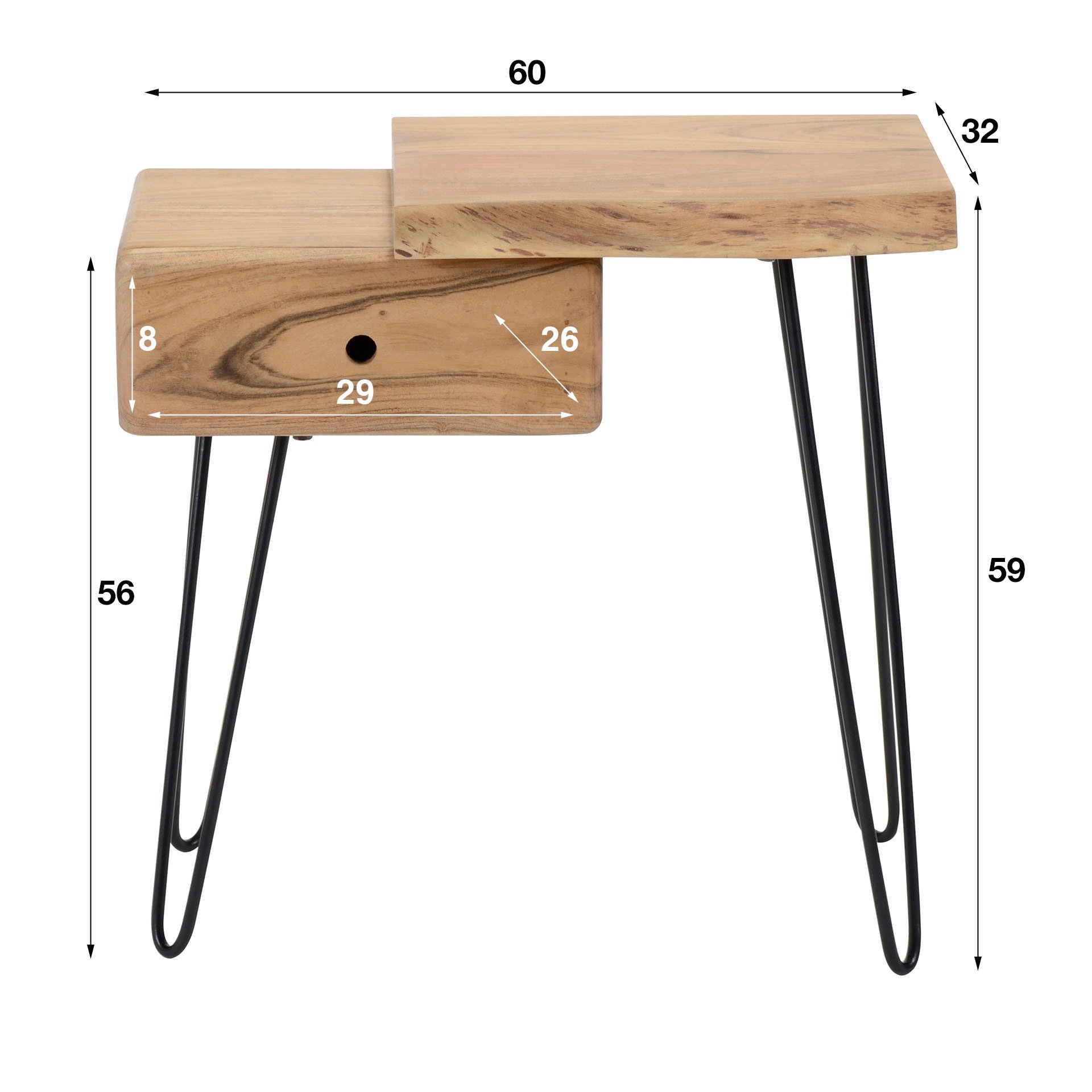 Side table/ nachtkastje edge rechts. Het ladeblok zit links en het plateau bevindt zich rechts. / Massief acacia naturel