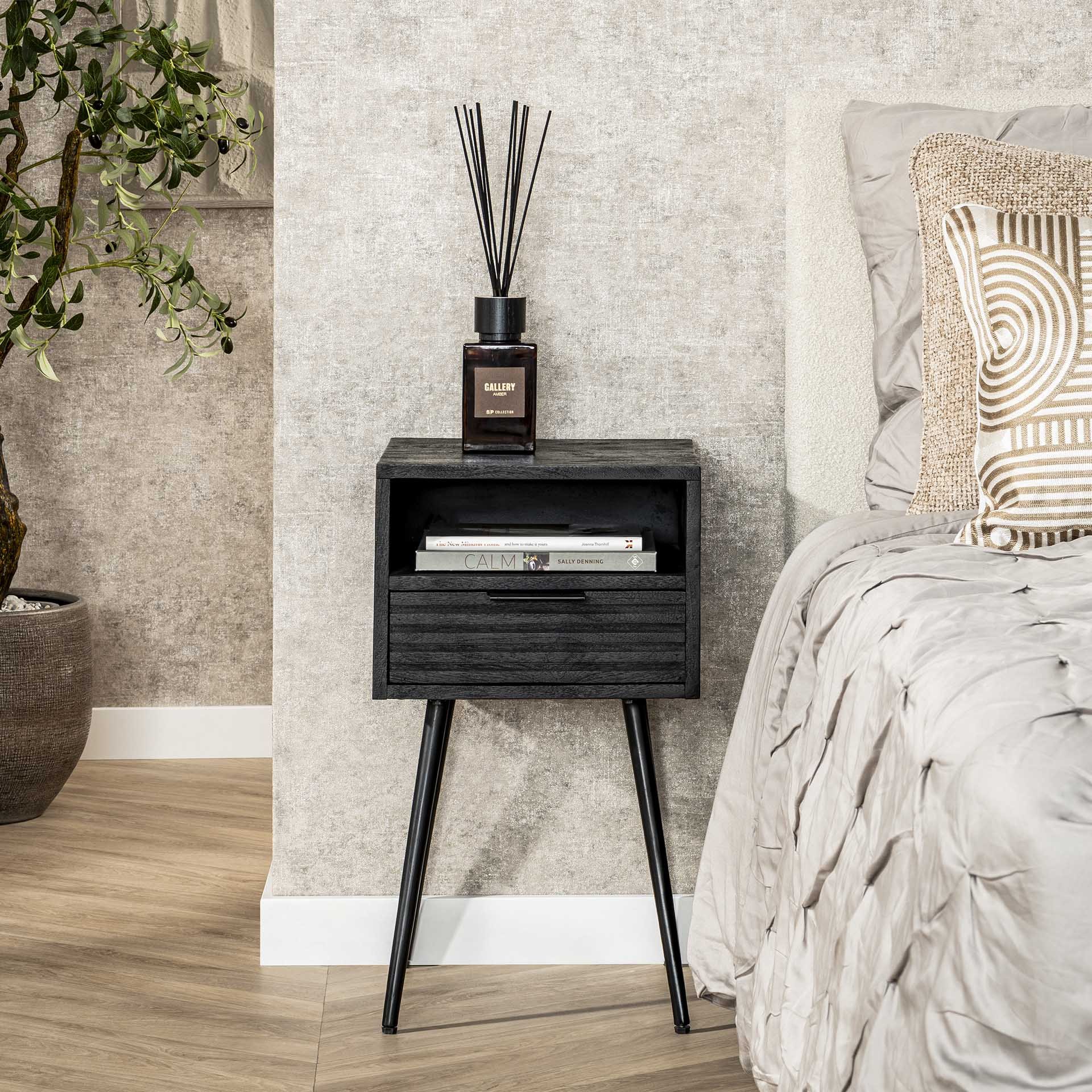 Nachtkastje 1L marina / Massief mango zwart