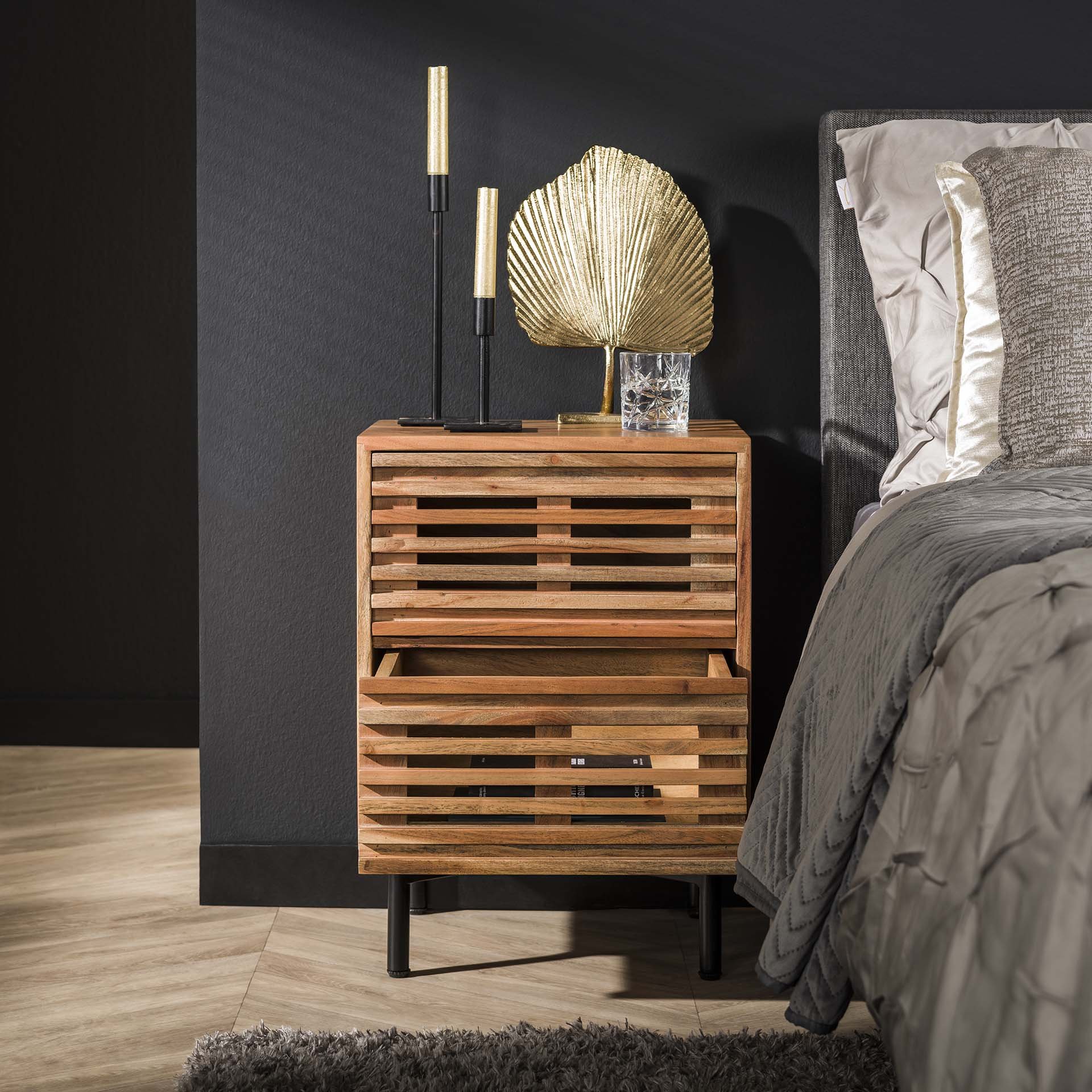 Nachtkastje 2 lades slide / Massief acacia naturel