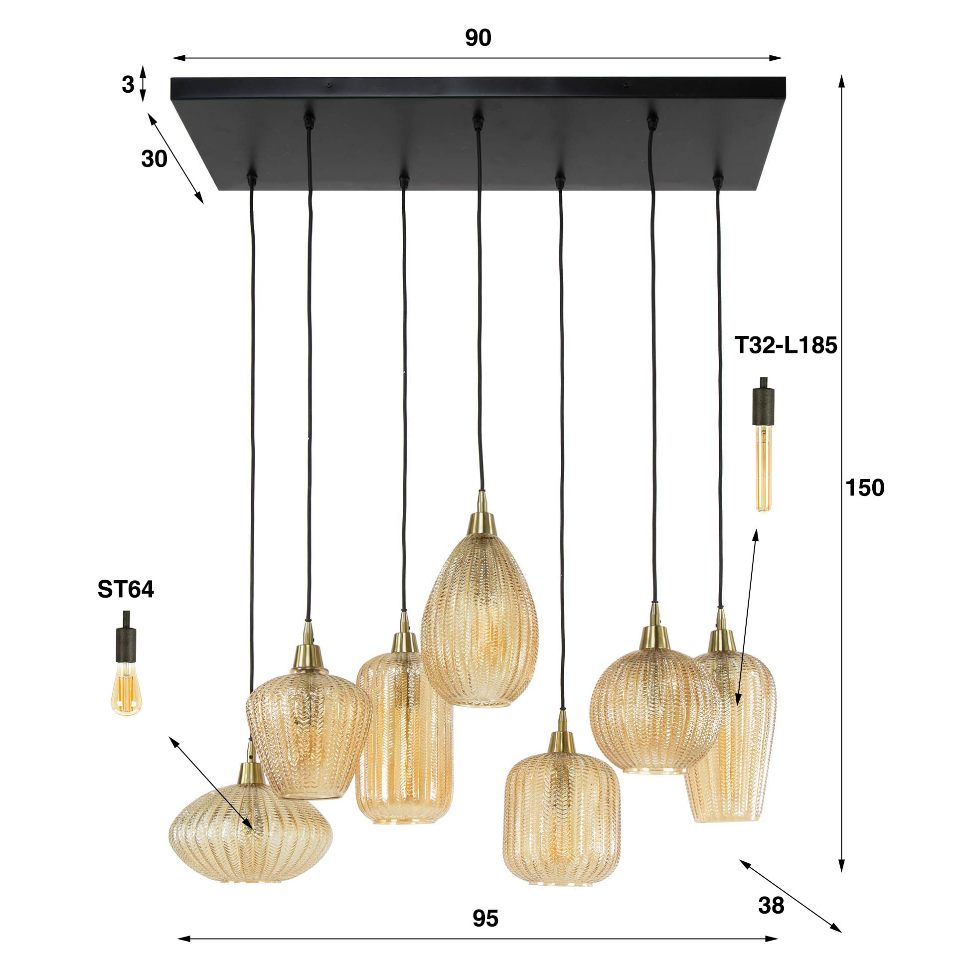 Hanglamp 4+3 V-shape pattern mix / Amberkleurig glas
