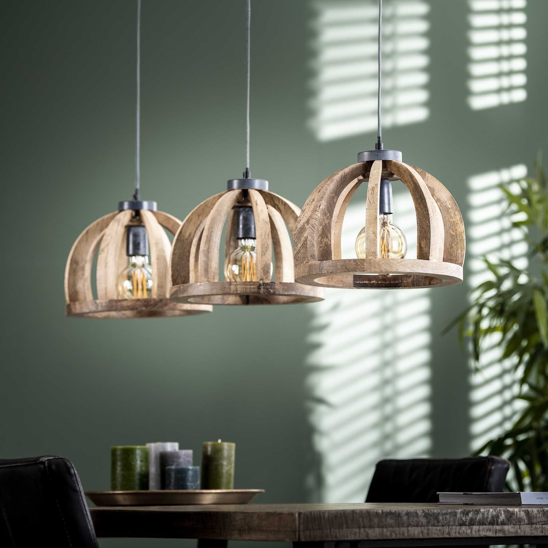 Hanglamp 3x Ø30 gebogen houten spijlen / Massief mango naturel