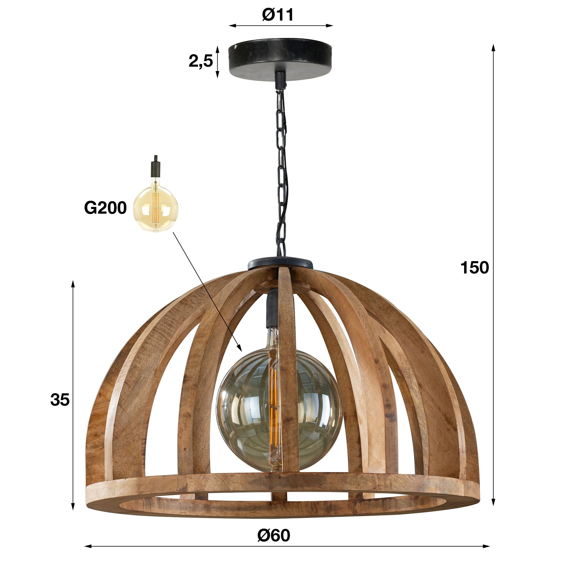 Hanglamp Ø60 gebogen houten spijlen / Massief mango naturel / Massief mango naturel