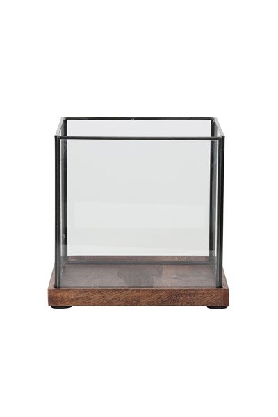 Windlicht Luminoso helder glas en bruin hout, 23x23x22 cm