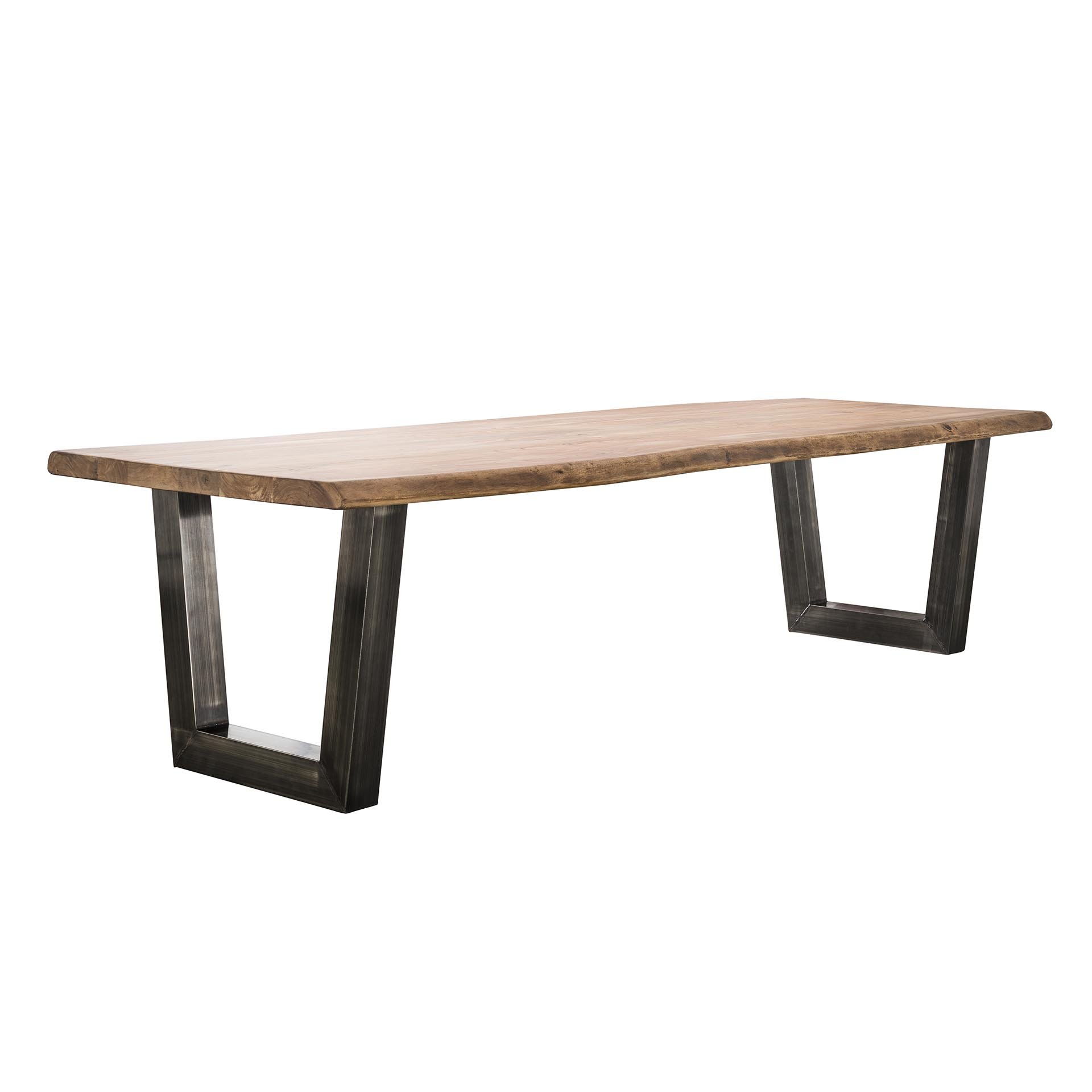 Eetkamertafel 300cm stam in 60mm dik massief acacia met trapezium-vormig frame in 10x10cm zwart geschuurd RVS. / Massief acacia naturel