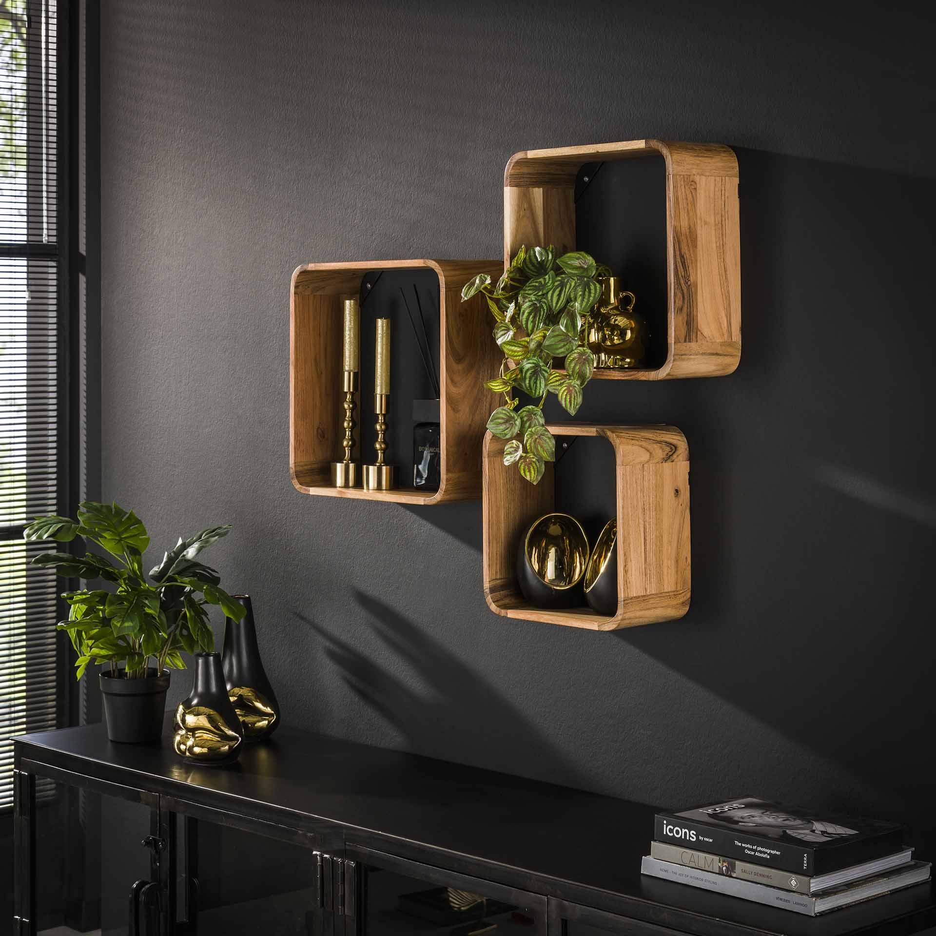 Wandschap set/3 vierkant / Massief acacia naturel
