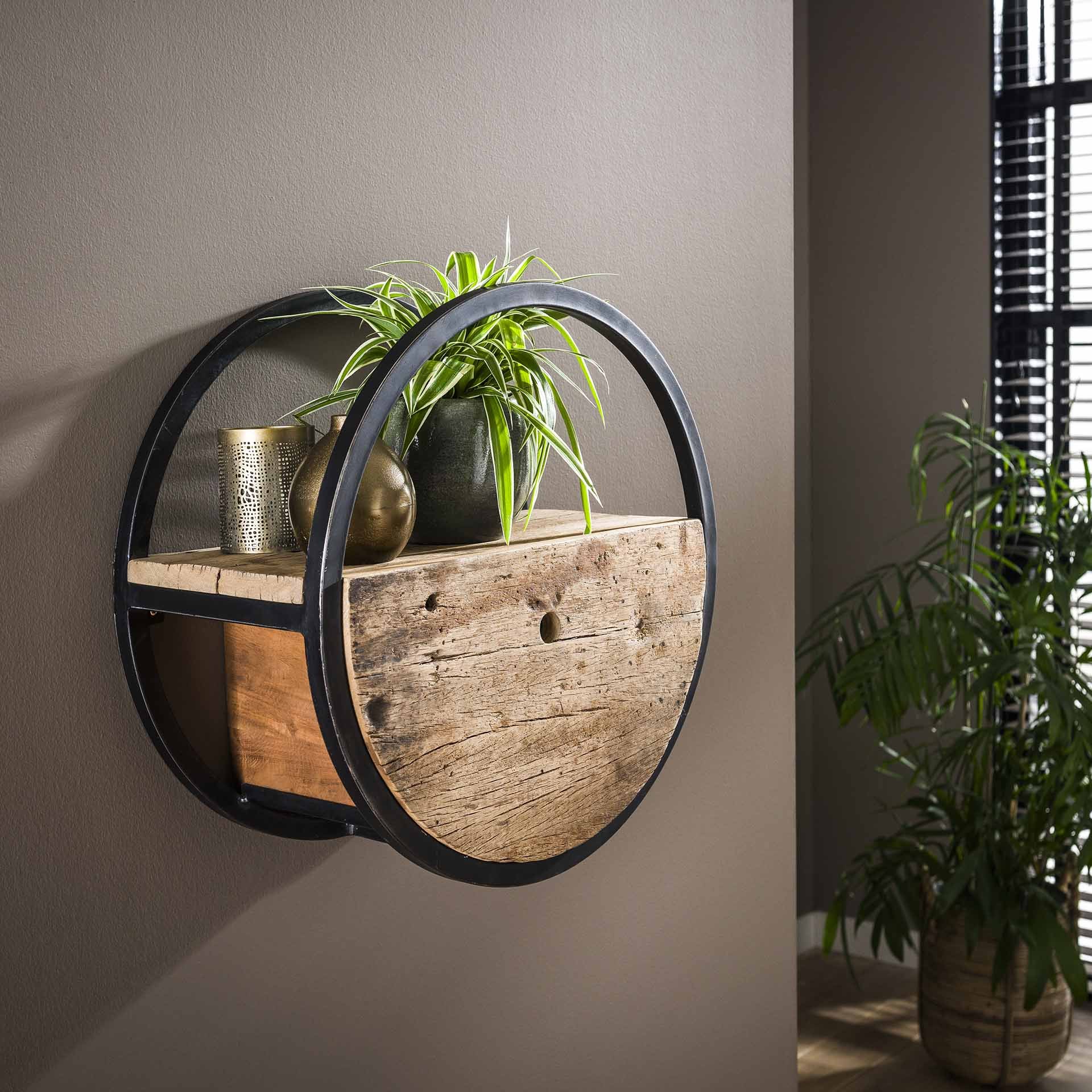 Wandschap circular Ø50 met lade / Robuust hardhout