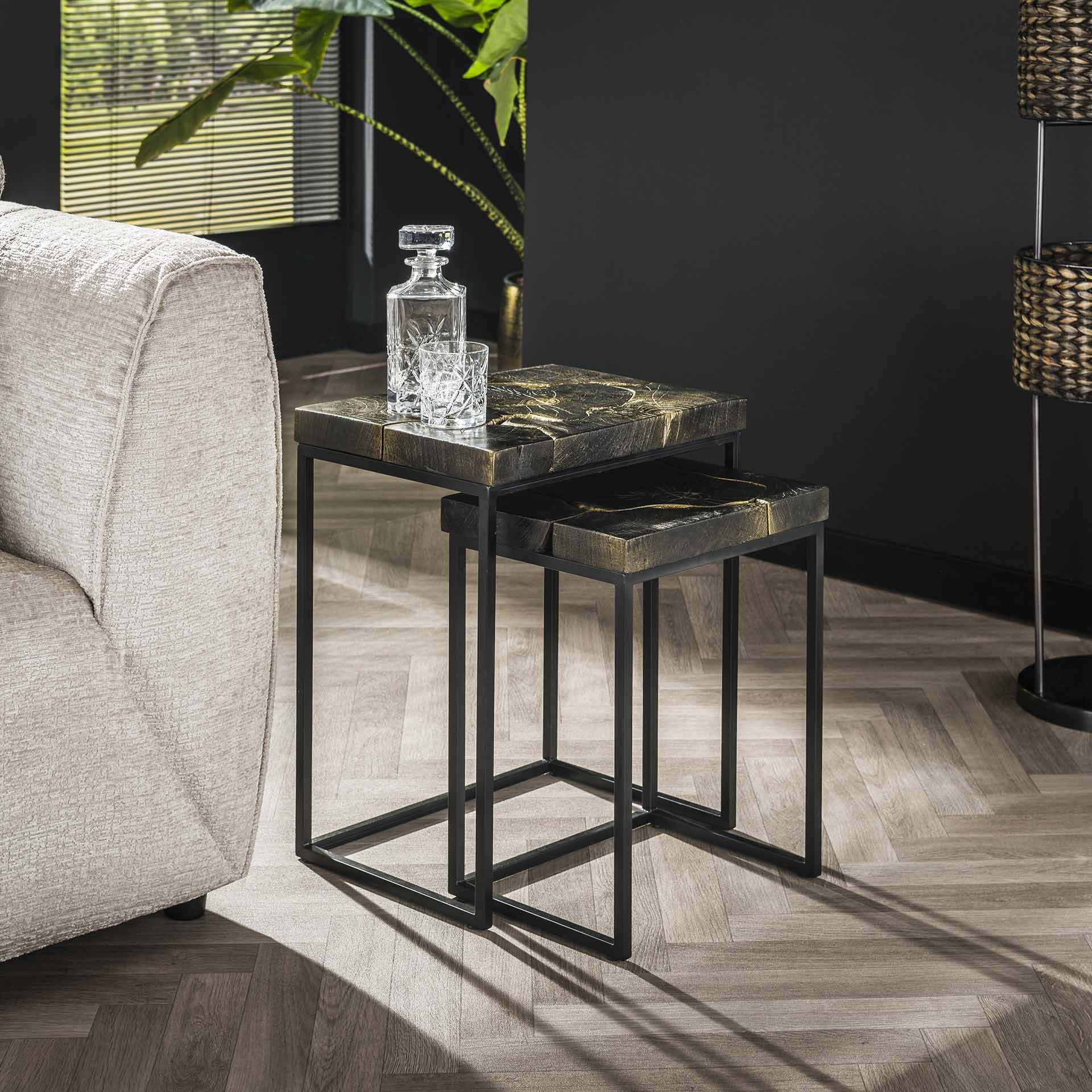 Bijzettafelset 2/ rechthoekig black and gold / Massief gerecycled teakhout black gold
