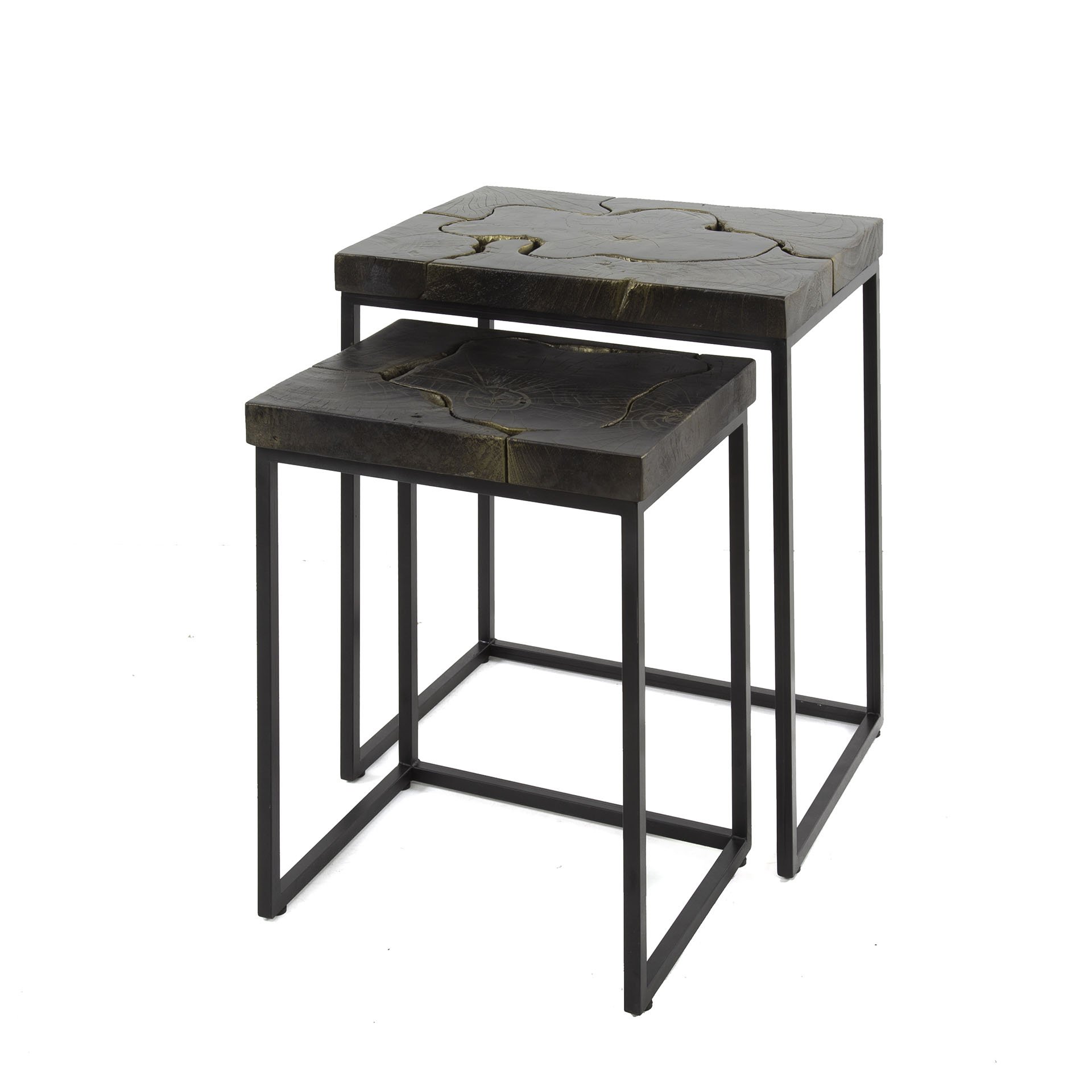 Bijzettafelset 2/ rechthoekig black and gold / Massief gerecycled teakhout black gold