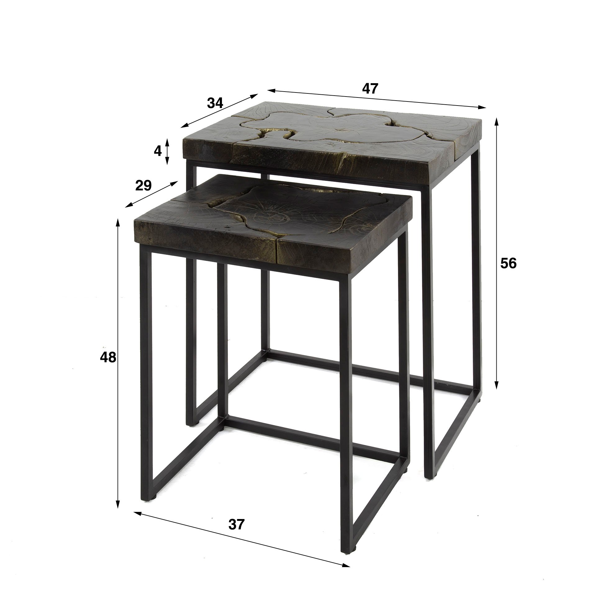 Bijzettafelset 2/ rechthoekig black and gold / Massief gerecycled teakhout black gold