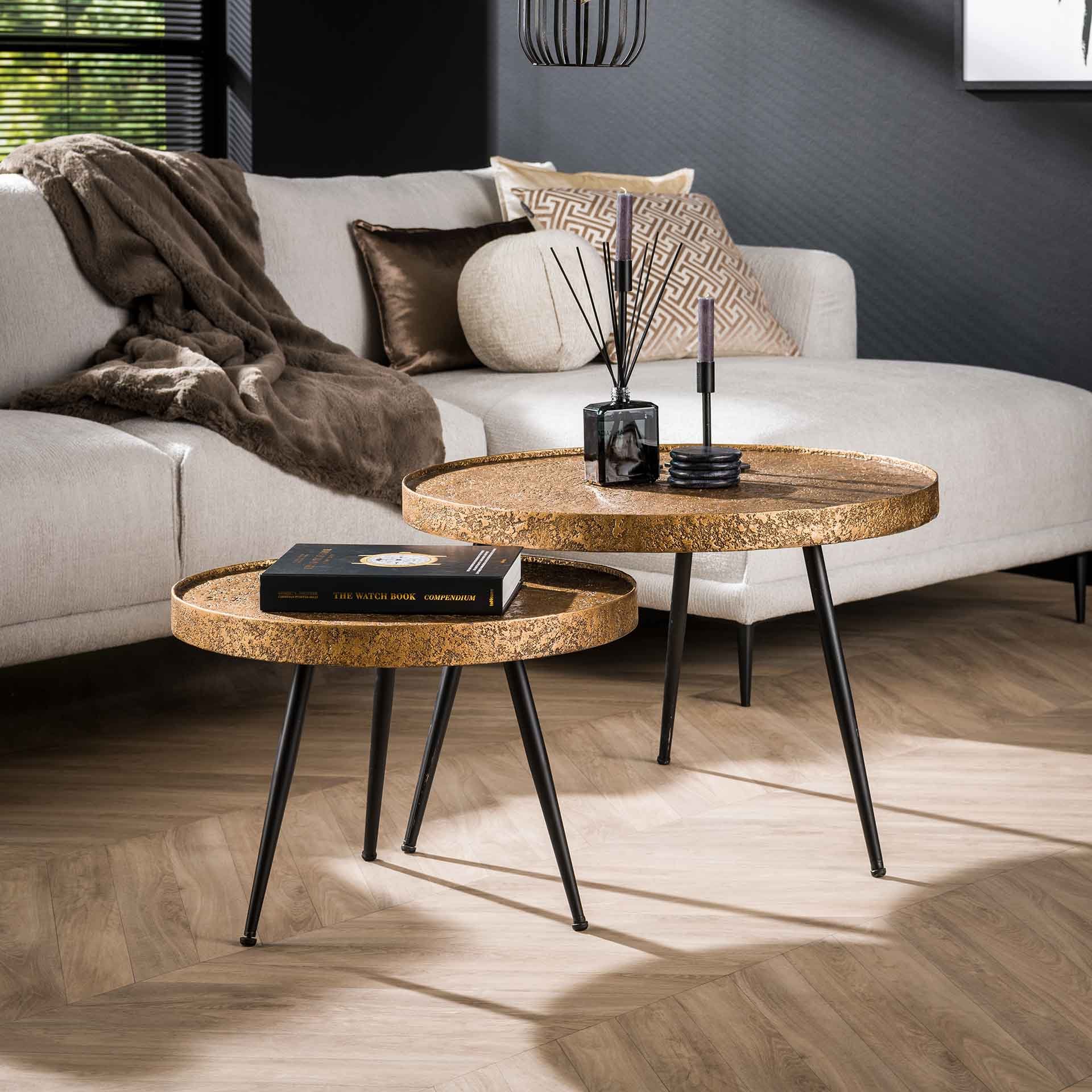 Salontafel set/2 opstaande rand rond metallic / Brons antiek