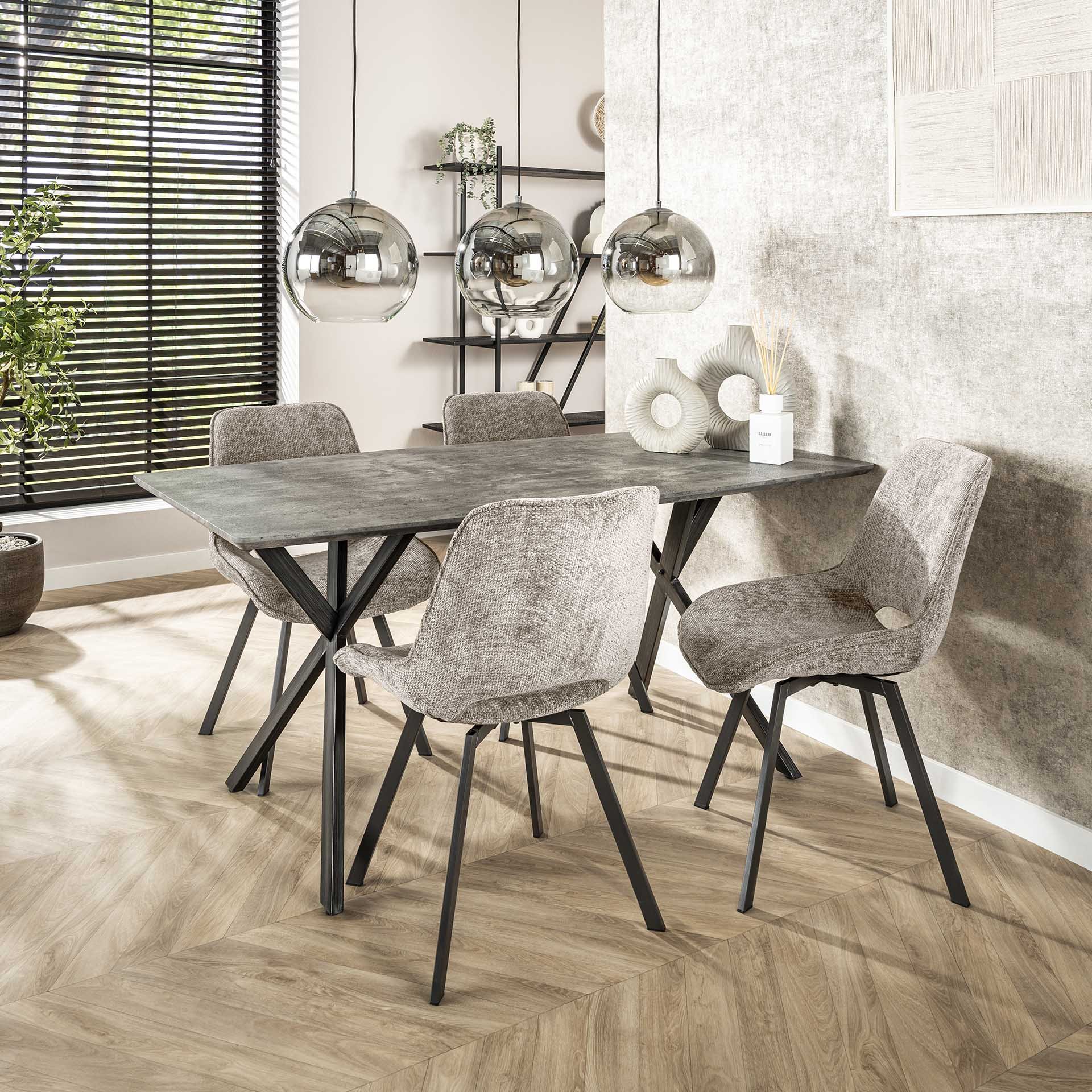 Eetkamertafel 160 ovaal blad zwart gepoedercoat frame / 3D betonlook grijs