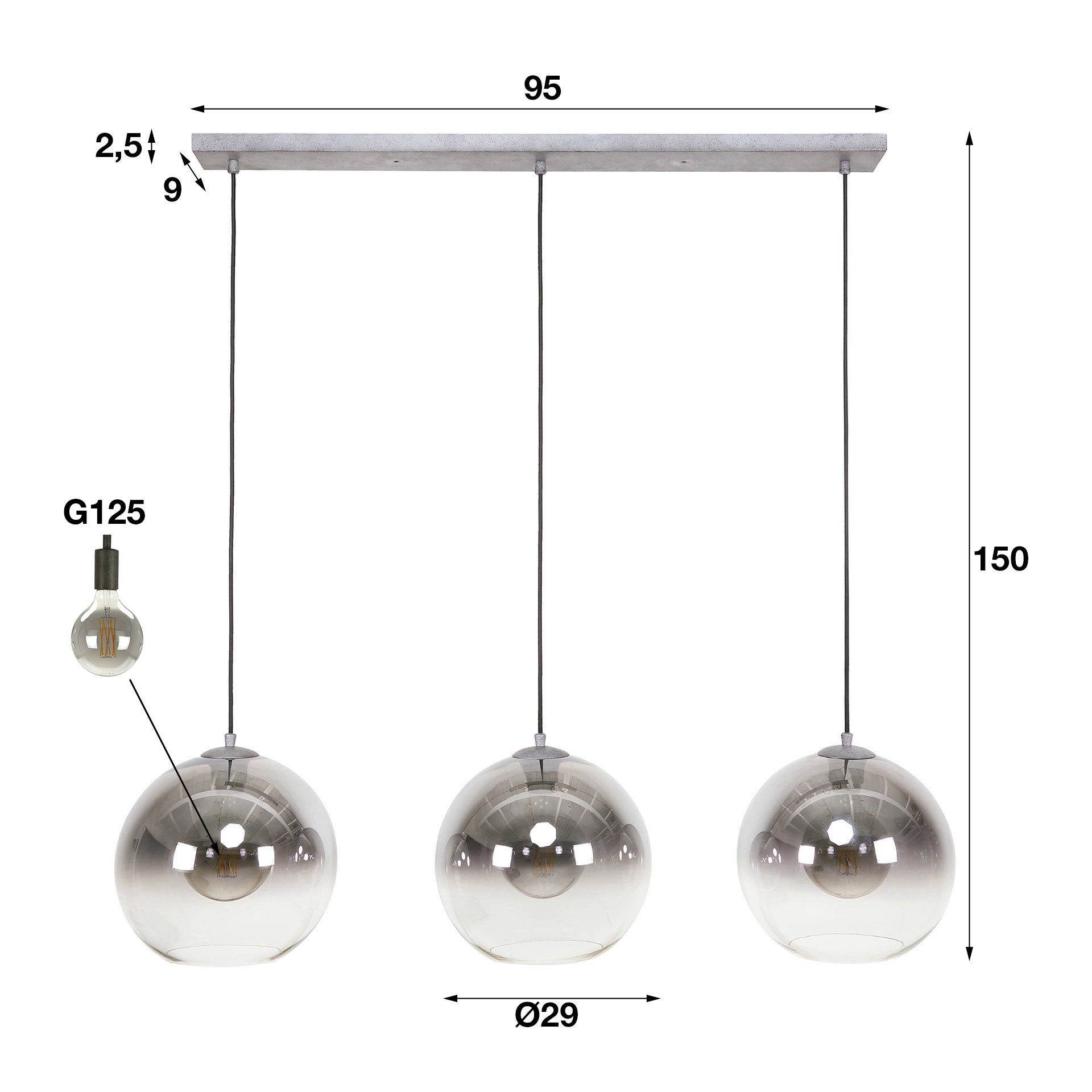 Hanglamp 3L bubble shaded / Oud zilver