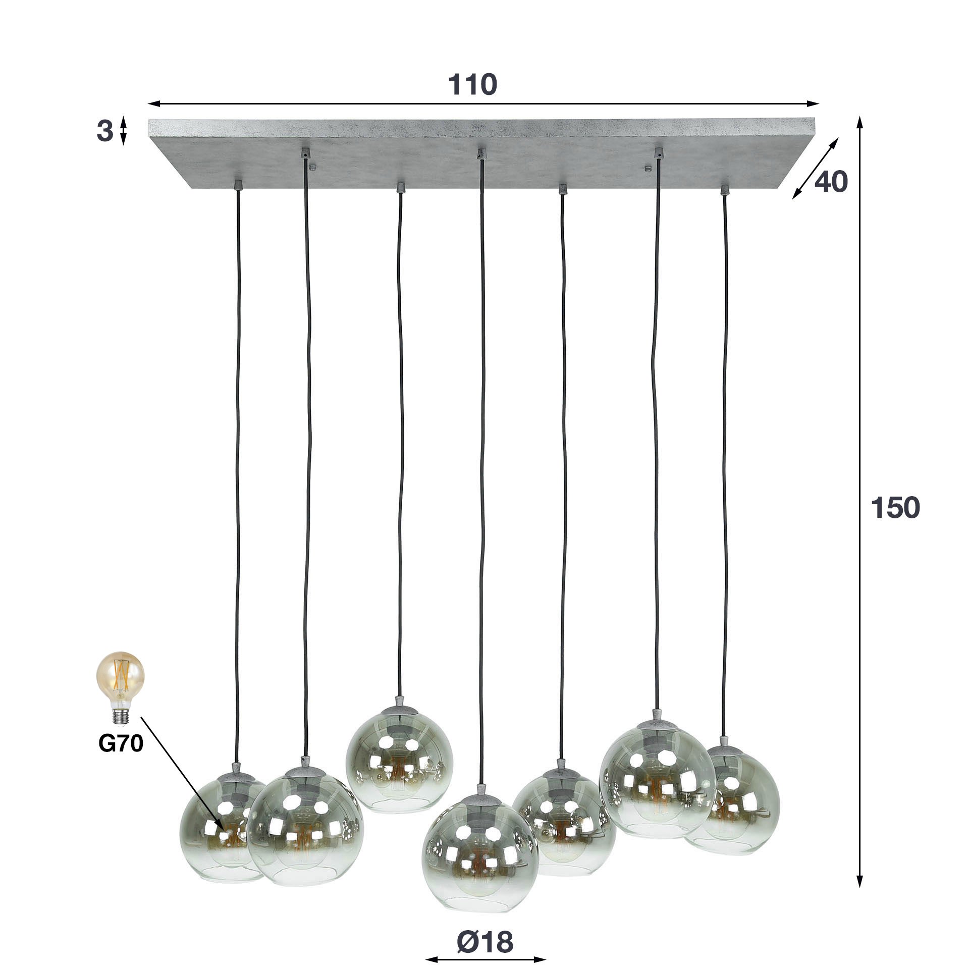 Hanglamp 4+3L bubble shaded / Oud zilver