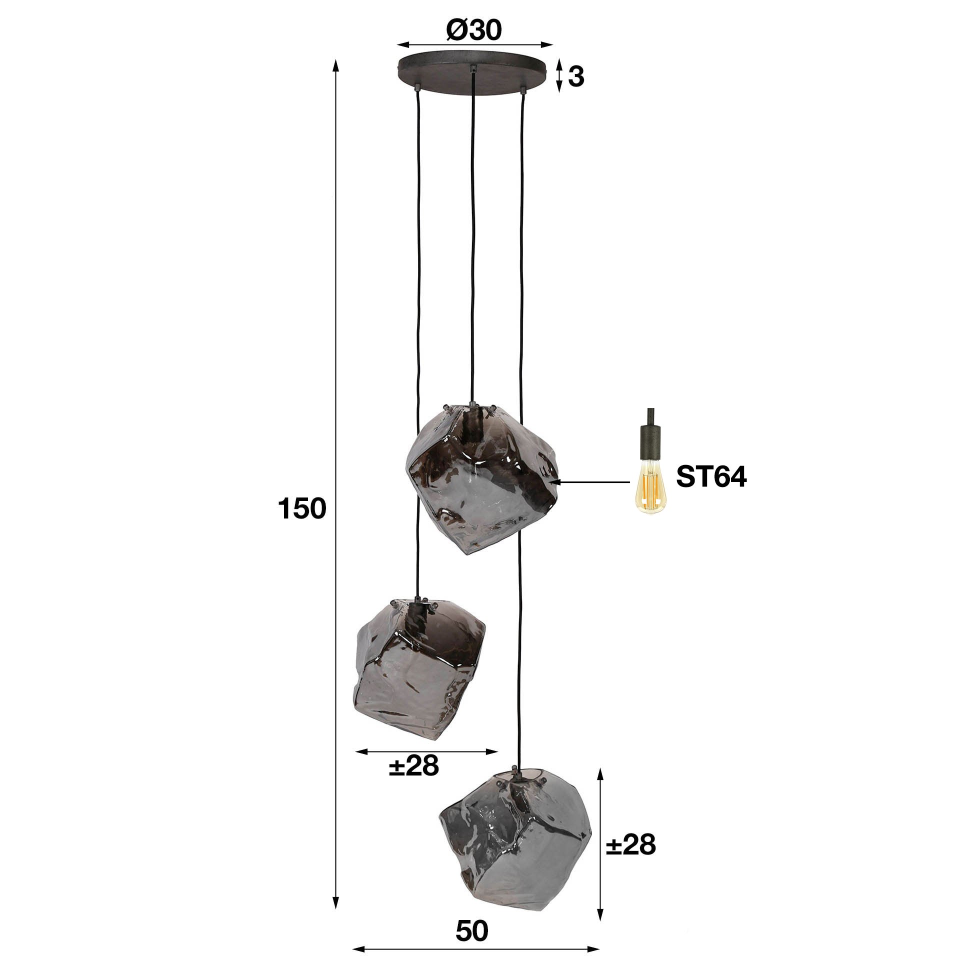 Hanglamp 3L rock chromed getrapt / Chromed glas