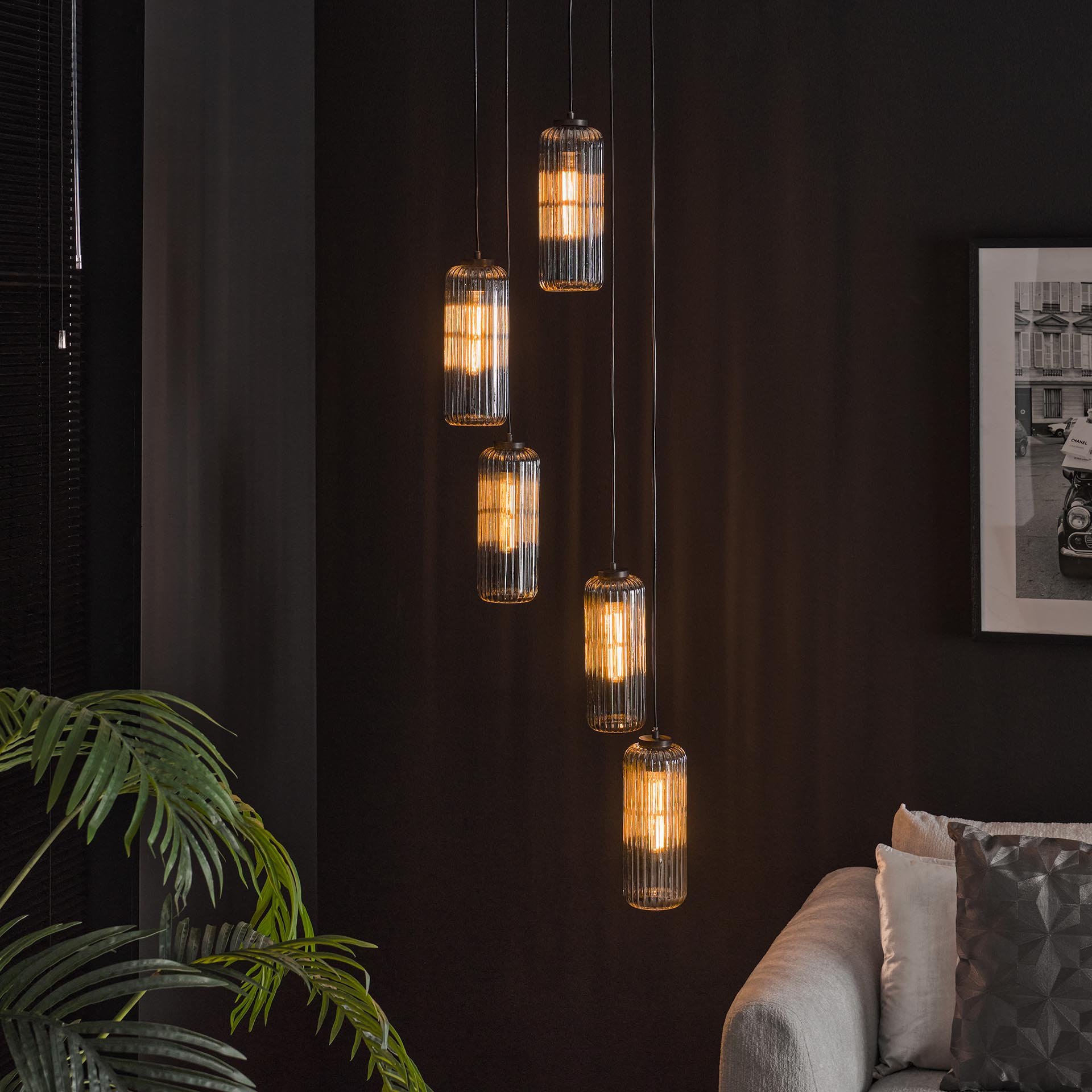 Hanglamp 5L getrapt cilinder rib smoke / Artic zwart