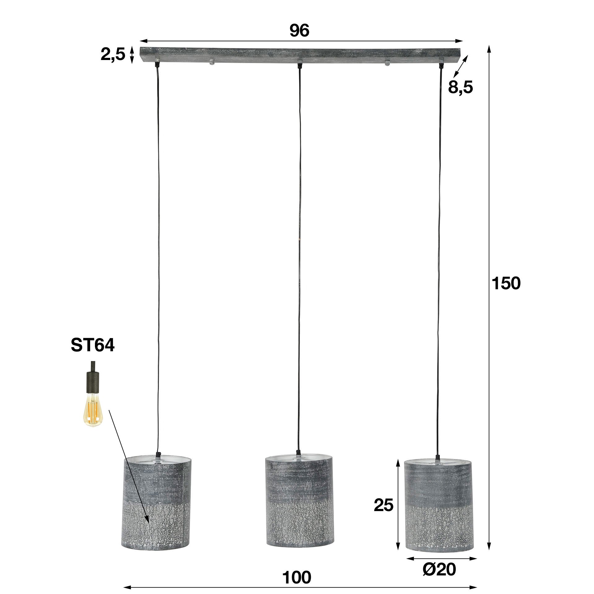 Hanglamp 3xØ20 cilinder / Grijs