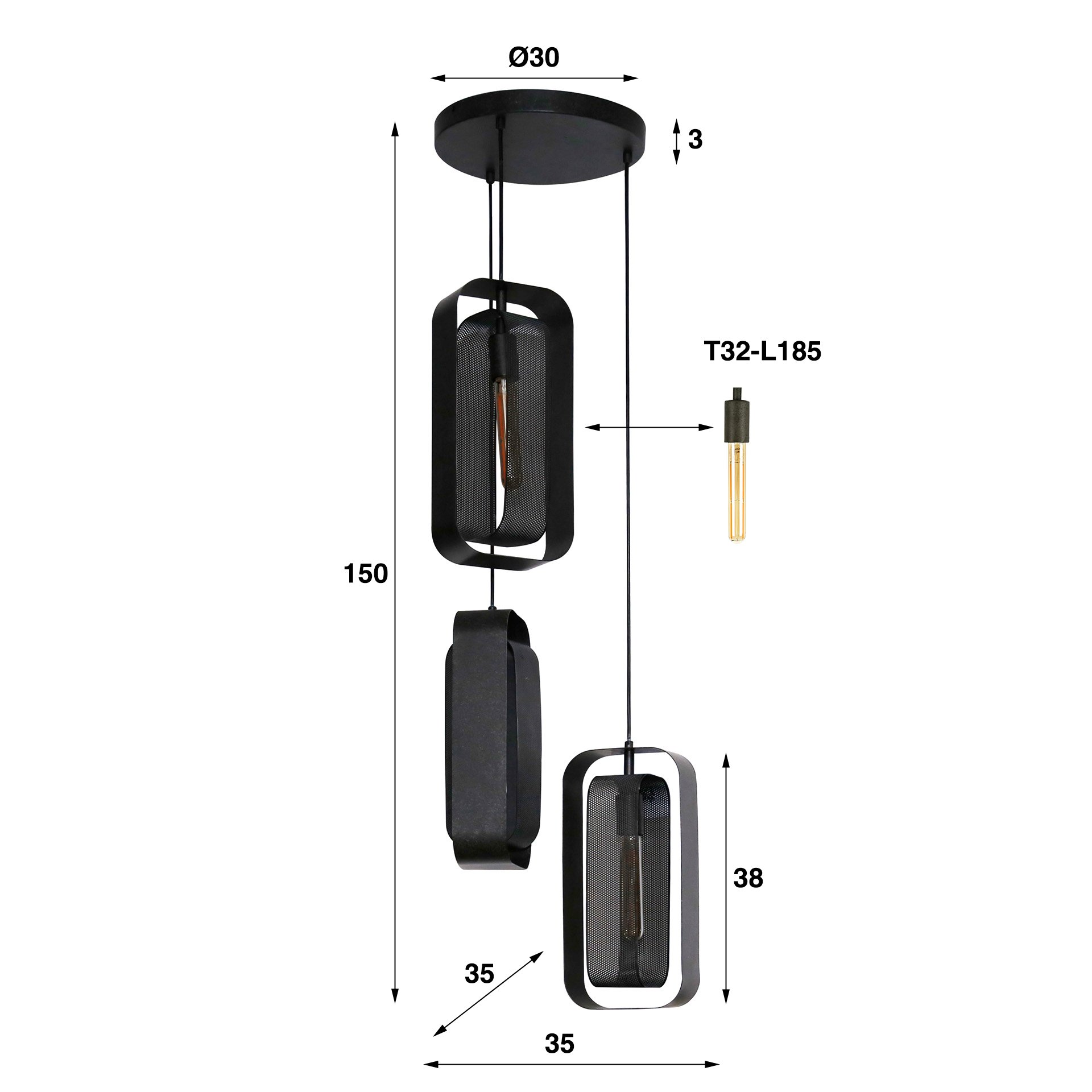 Hanglamp 3L mesh rotate / Artic zwart