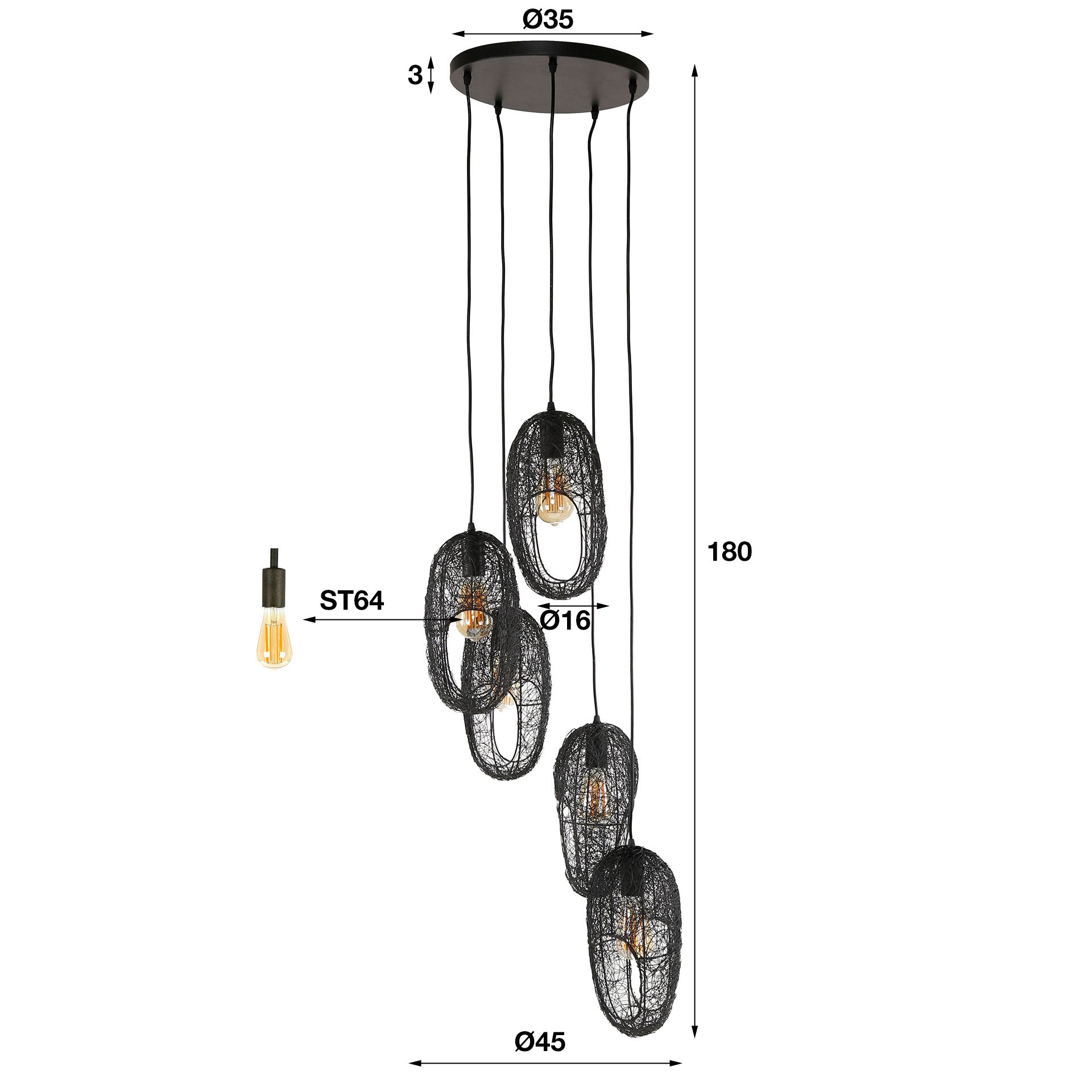Hanglamp 5L open oog wire / Artic zwart