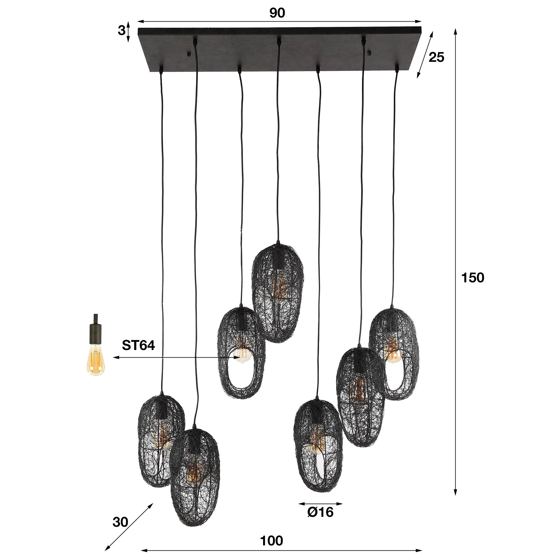 Hanglamp 4+3 open oog wire / Artic zwart