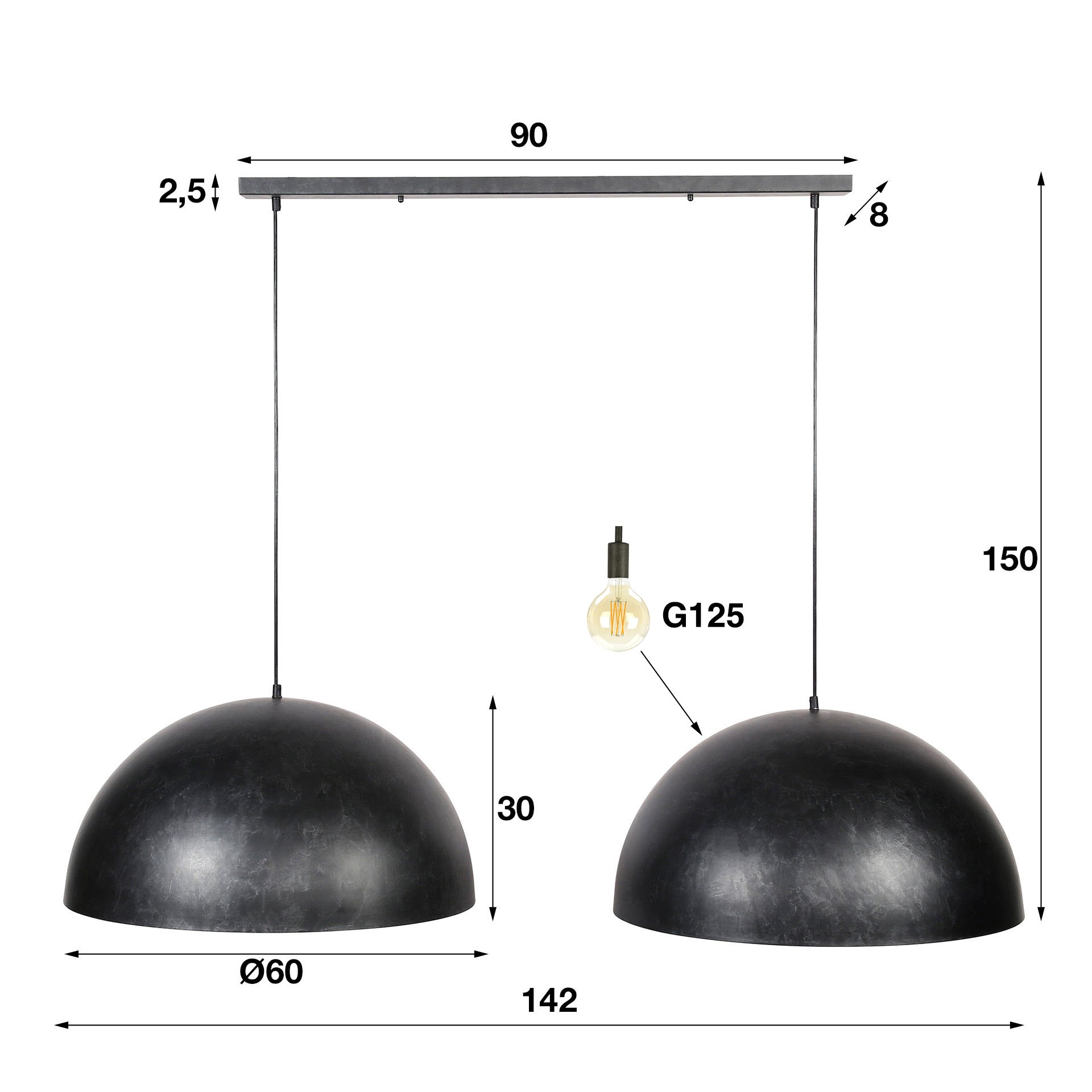Hanglamp 2x Ø60 Dome / Charcoal