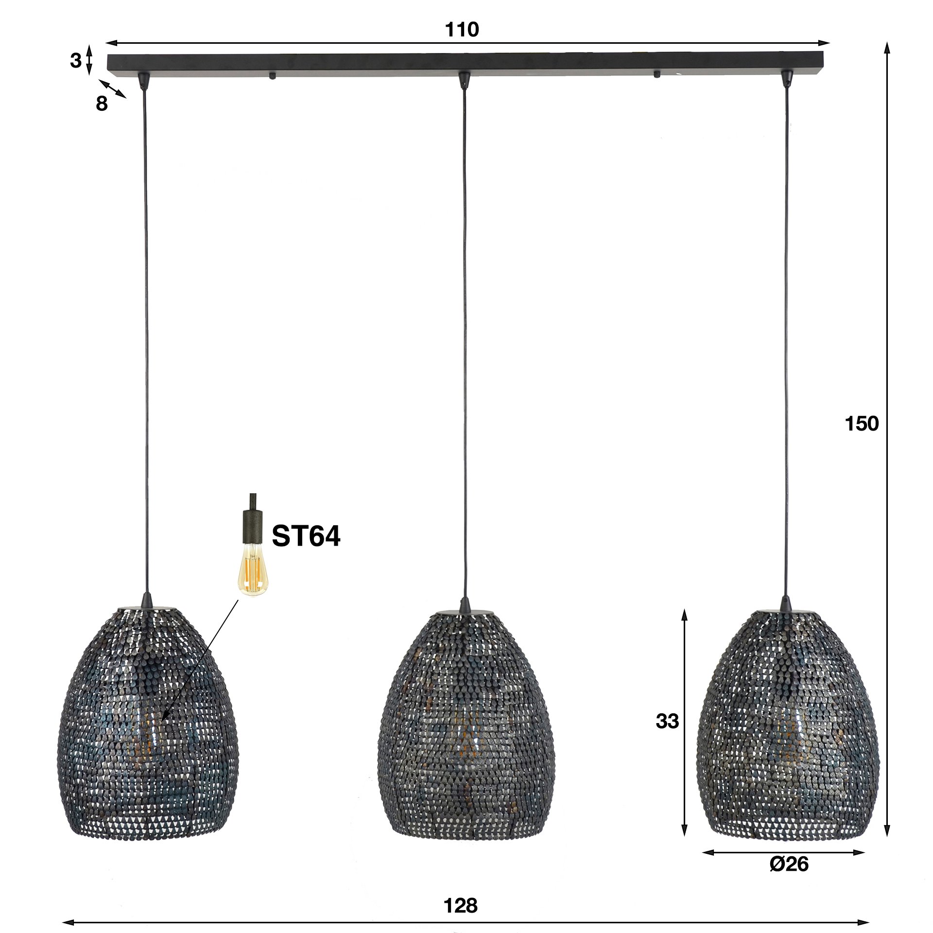 Hanglamp 3x Ø26 armor ovaal / Zwart bruin