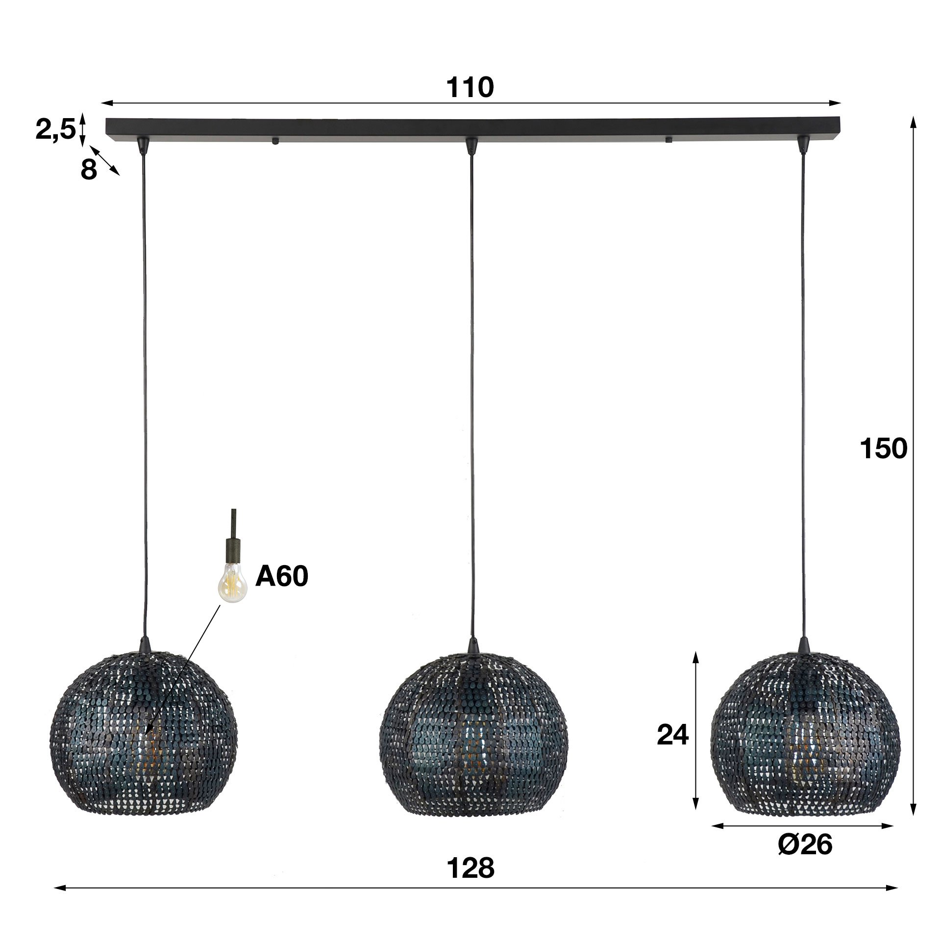 Hanglamp 3x Ø26 armor half rond / Zwart bruin