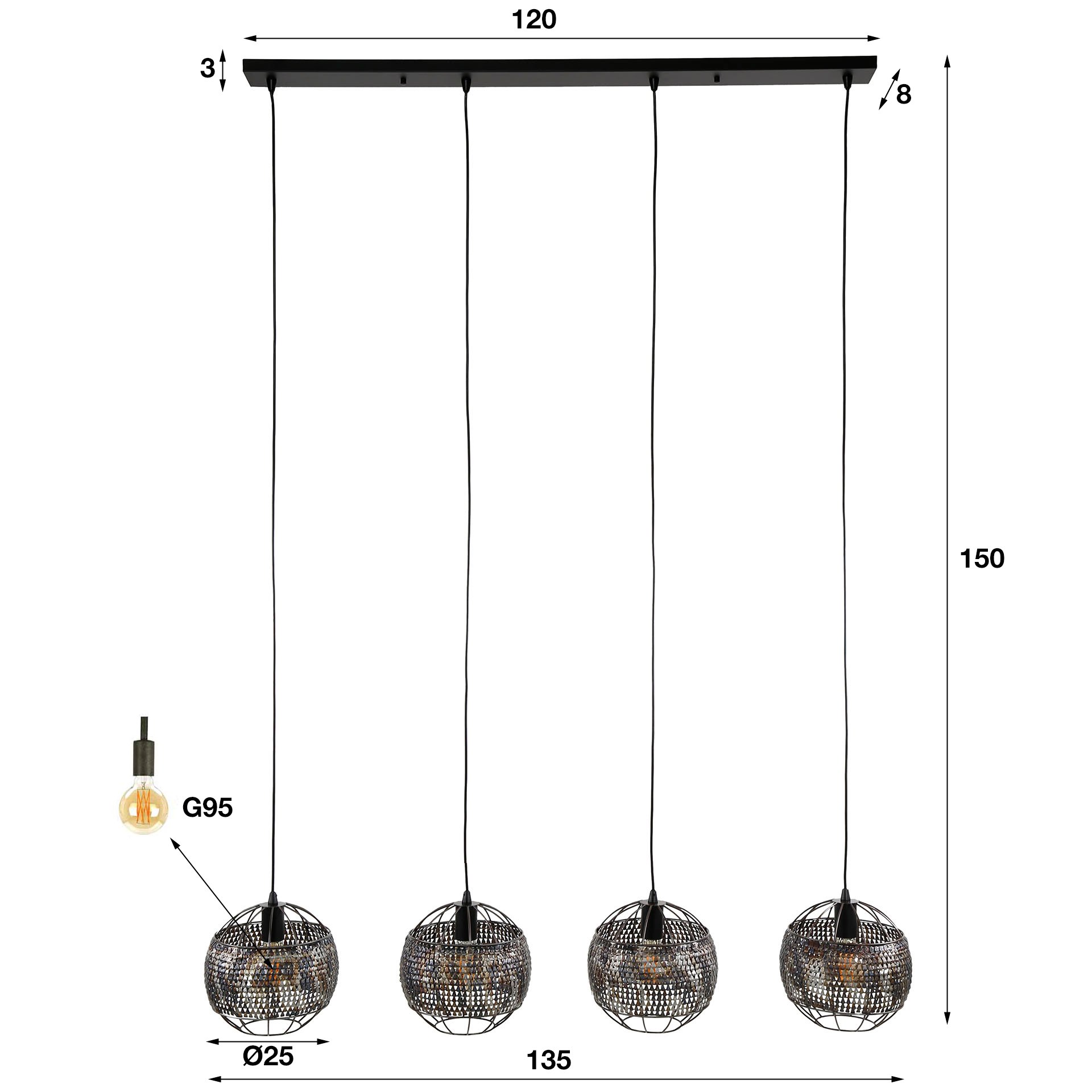 Hanglamp 4L Ø25 armor open / Zwart bruin