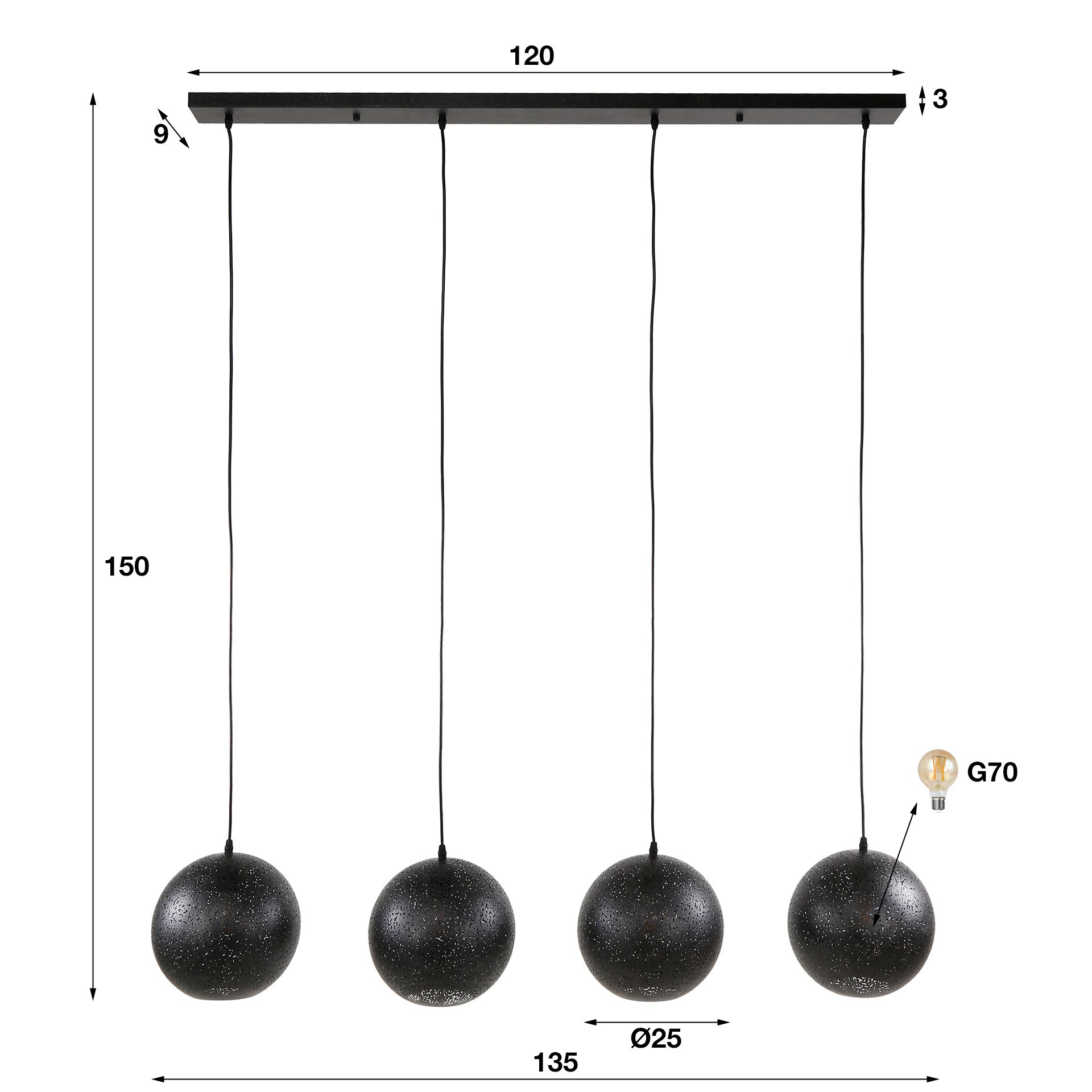 Hanglamp 4x Ø25 zip / Artic zwart