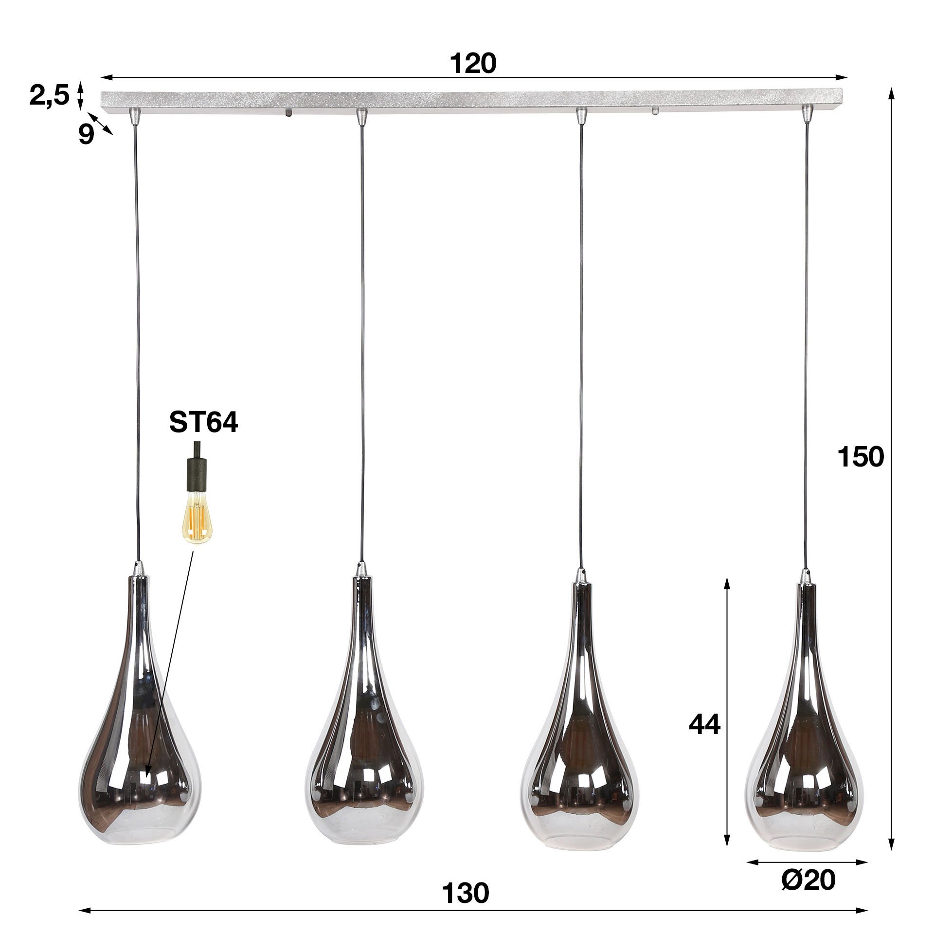 Hanglamp 4L silver drop glass / Chromed glas