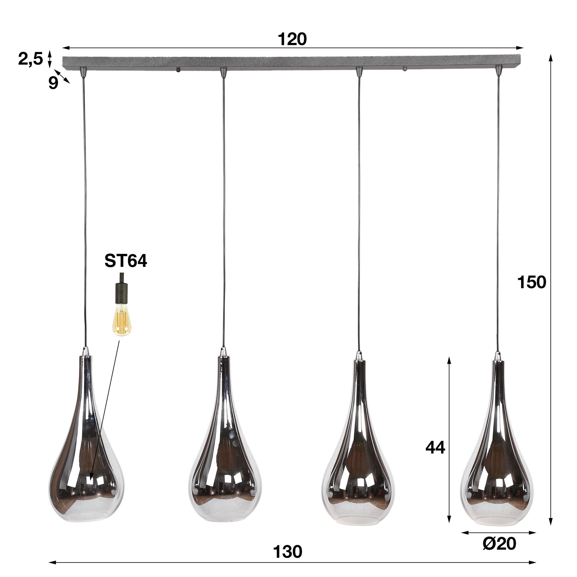 Hanglamp 4L silver drop glass / Chromed glas