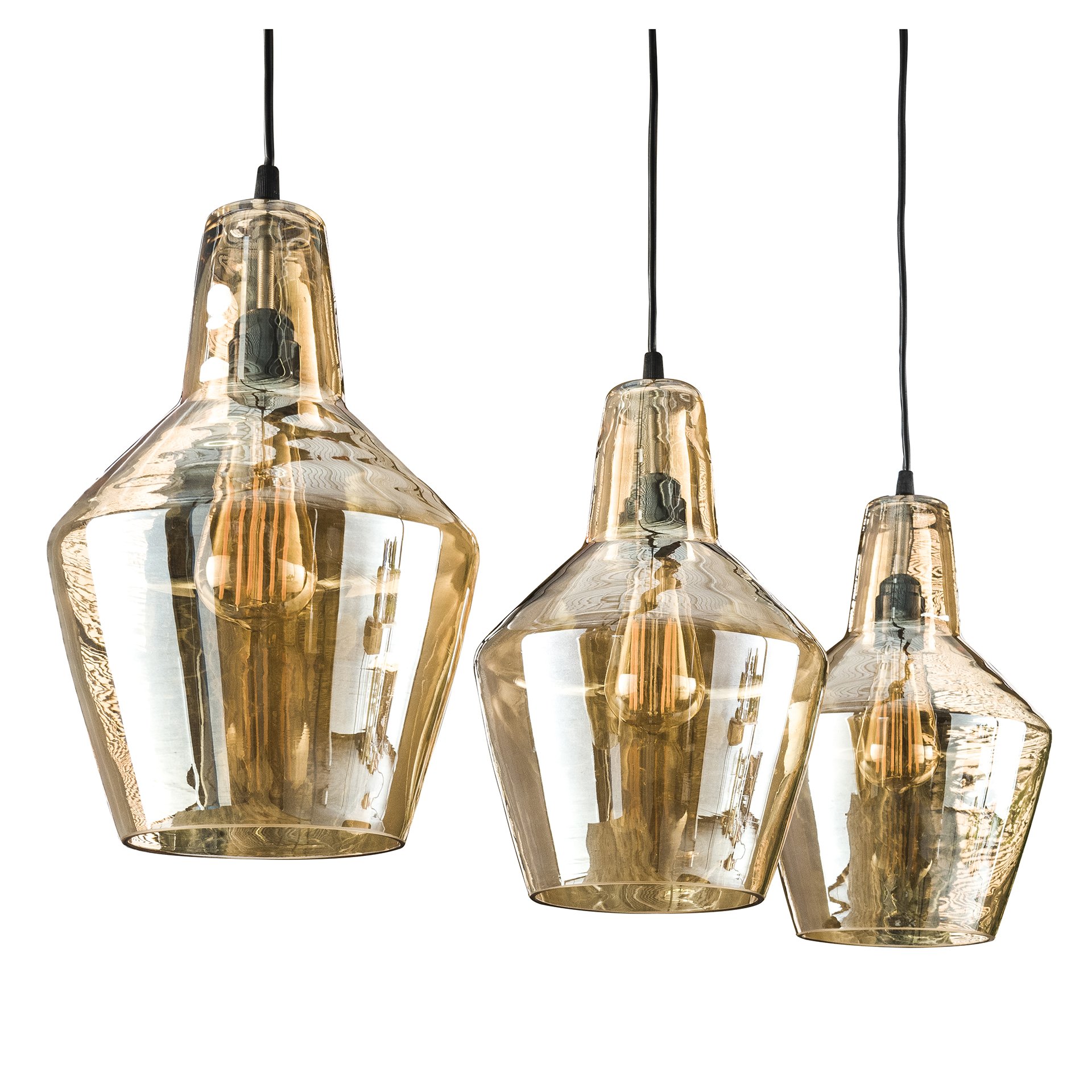 Hanglamp 3L amber glas kegel / Oud zilver
