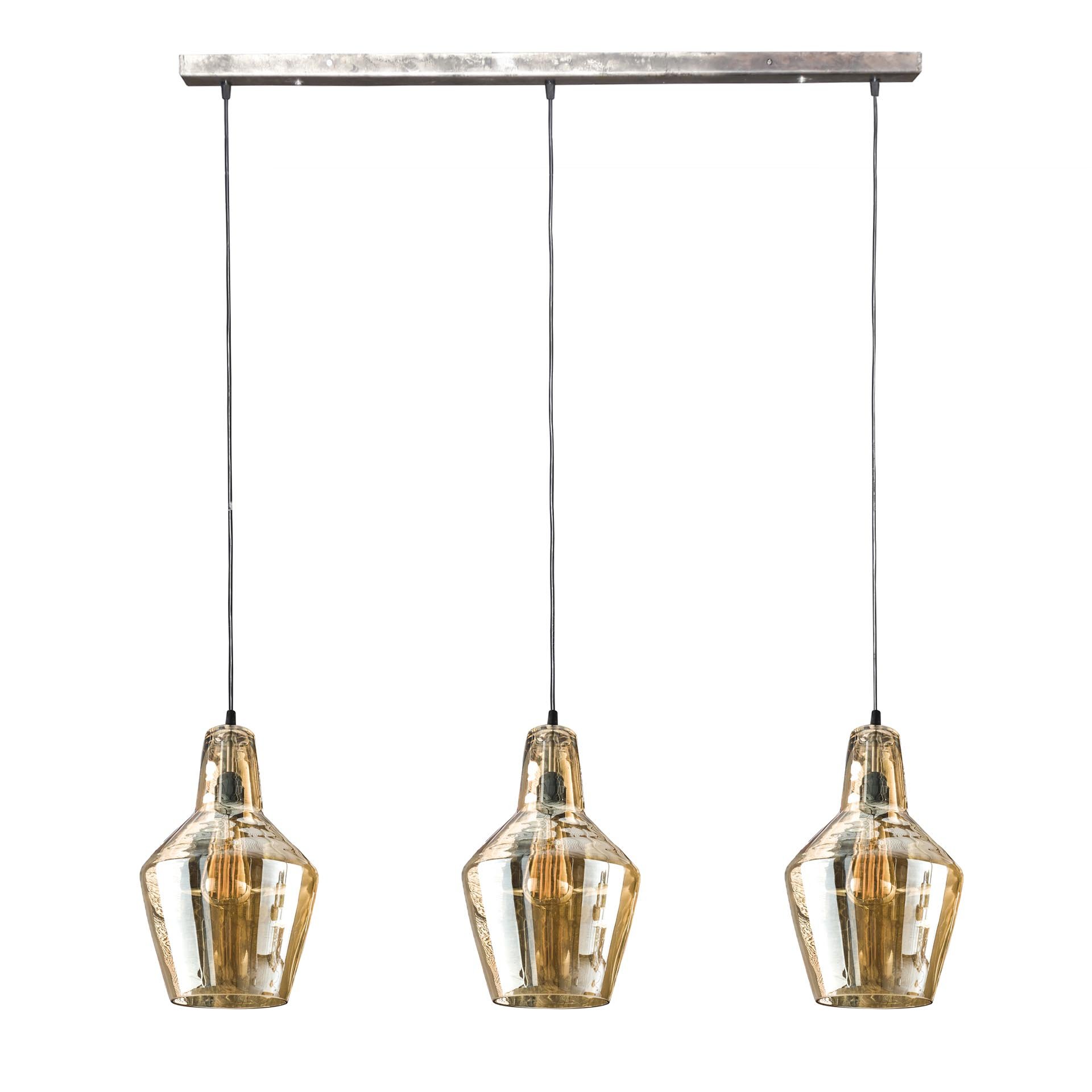 Hanglamp 3L amber glas kegel / Oud zilver