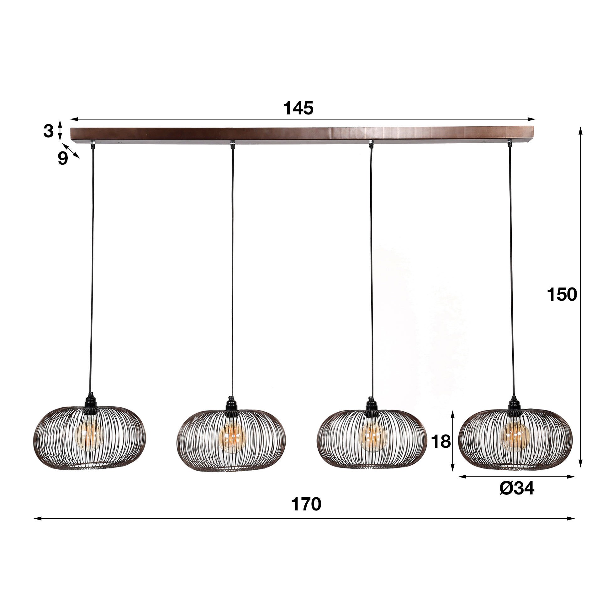 Hanglamp 4x Ø35 disk wire copper twist / Zwart nikkel