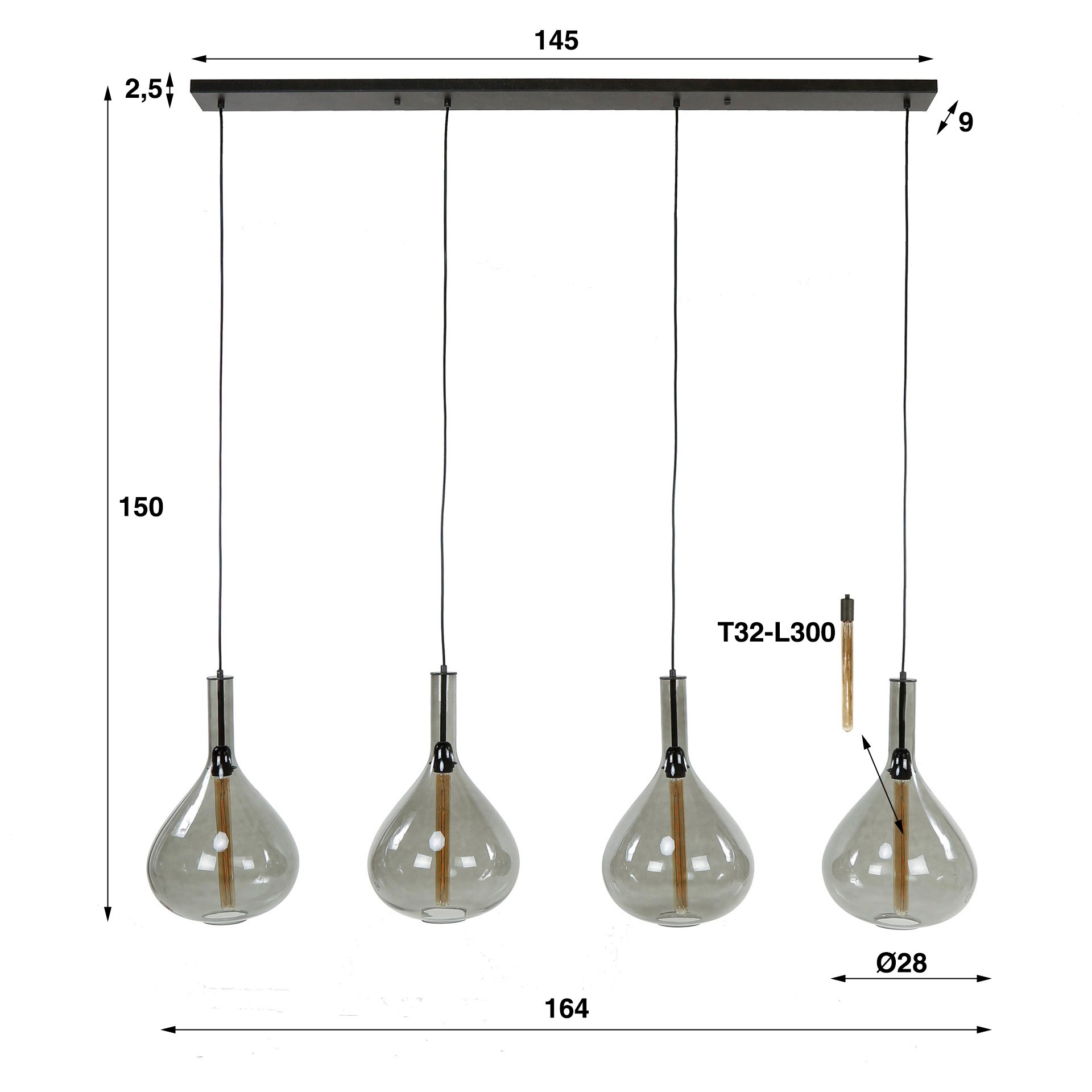 Hanglamp 4L drop smoke glass / Artic zwart