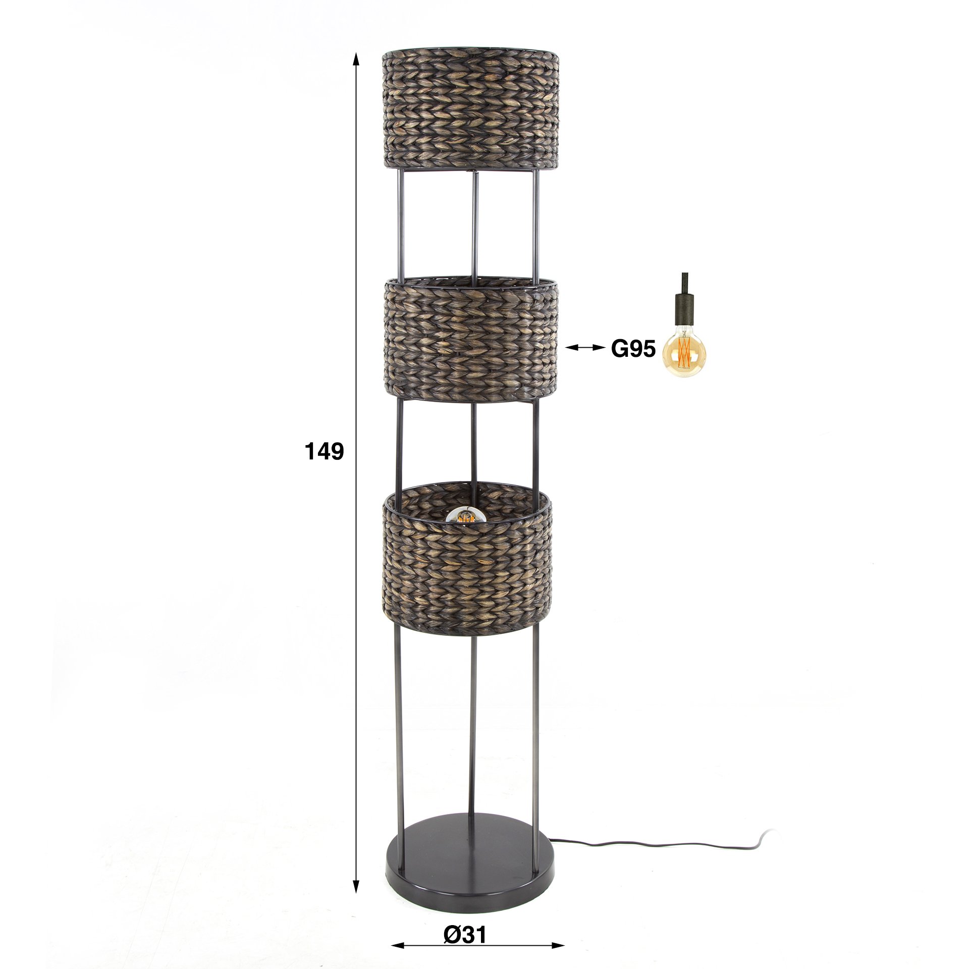 Vloerlamp 3L tower waterhyacint / Zwart nikkel