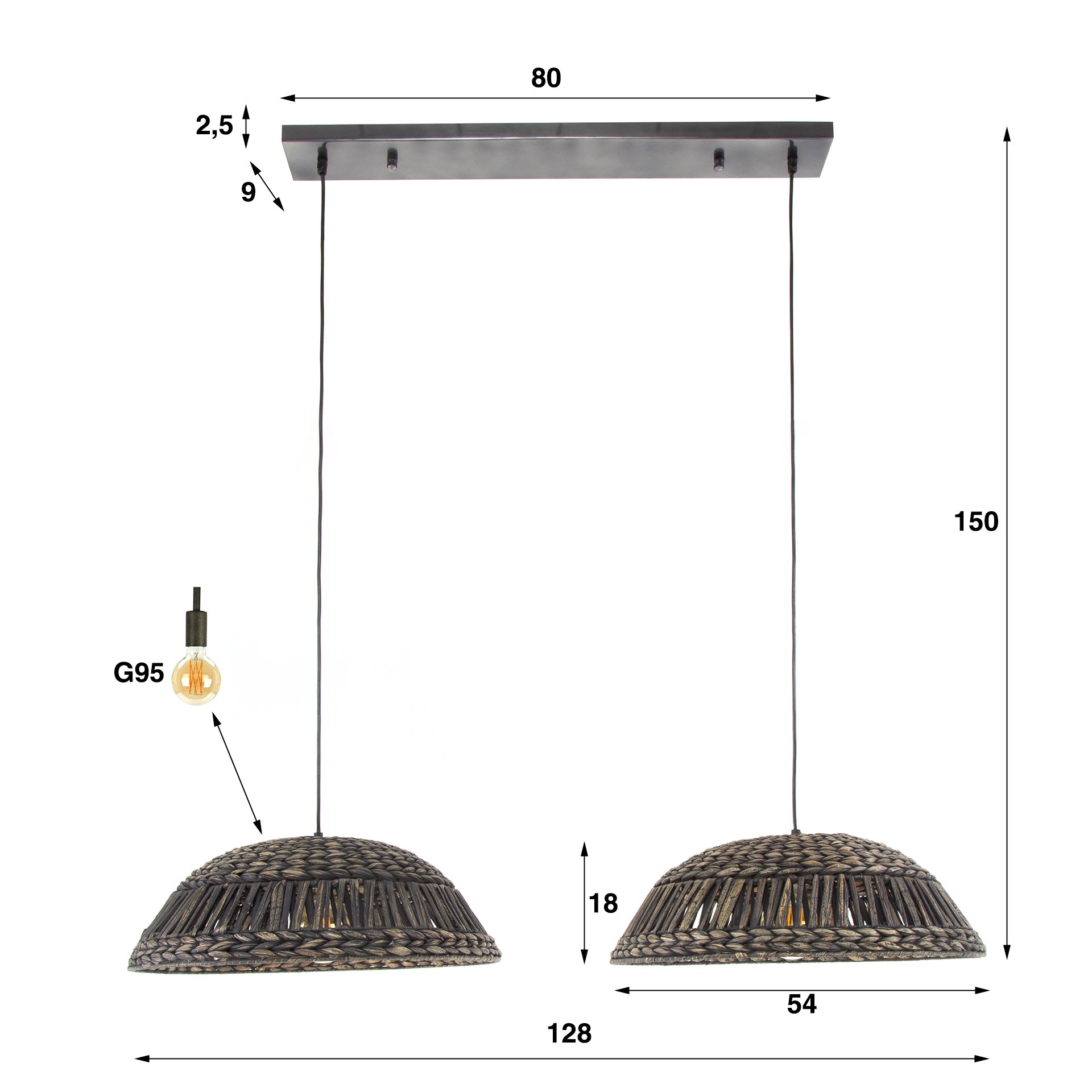 Hanglamp 2x dome waterhyacint / Zwart nikkel