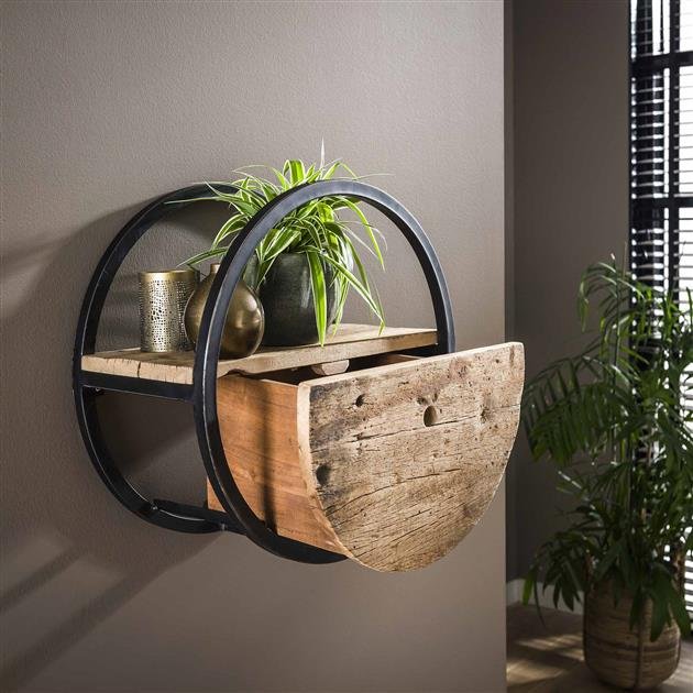Wandschap circular Ø50 met lade / Robuust hardhout