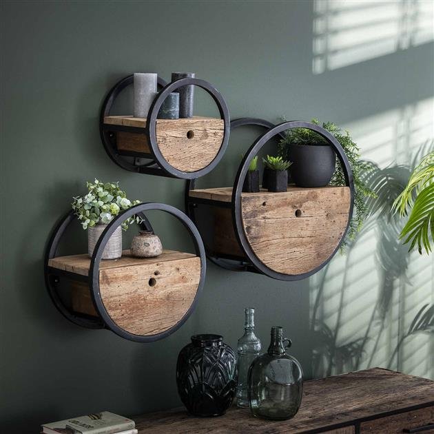 Wandschap circular Ø50 met lade / Robuust hardhout