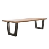 Eetkamertafel 300cm stam in 60mm dik massief acacia met trapezium-vormig frame in 10x10cm zwart geschuurd RVS. / Massief acacia naturel
