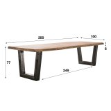 Eetkamertafel 300cm stam in 60mm dik massief acacia met trapezium-vormig frame in 10x10cm zwart geschuurd RVS. / Massief acacia naturel
